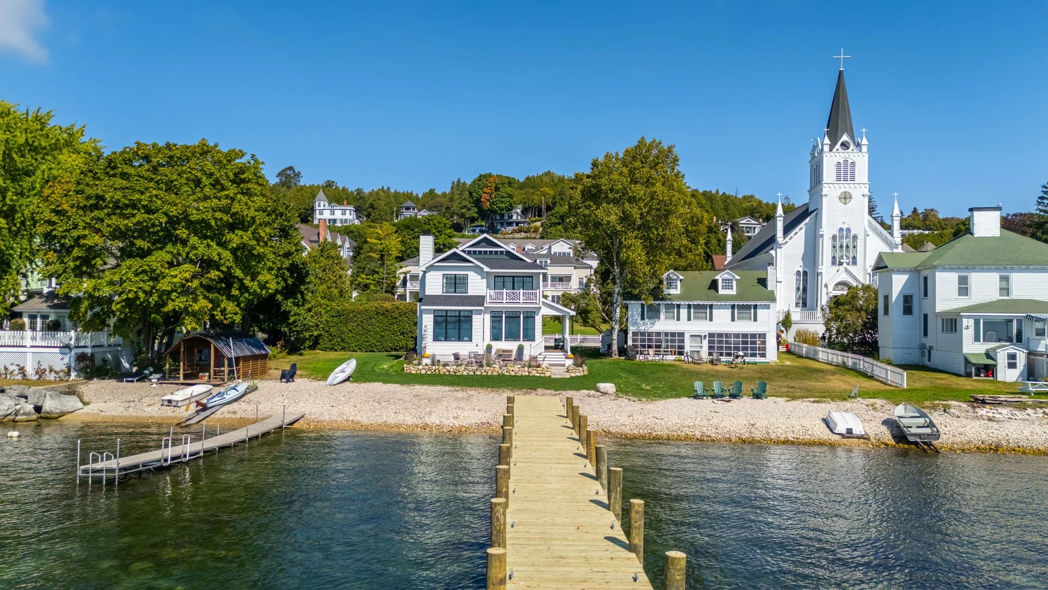 Aerial view of a Mackinac Island lakefront custom home, Dickinson Homes