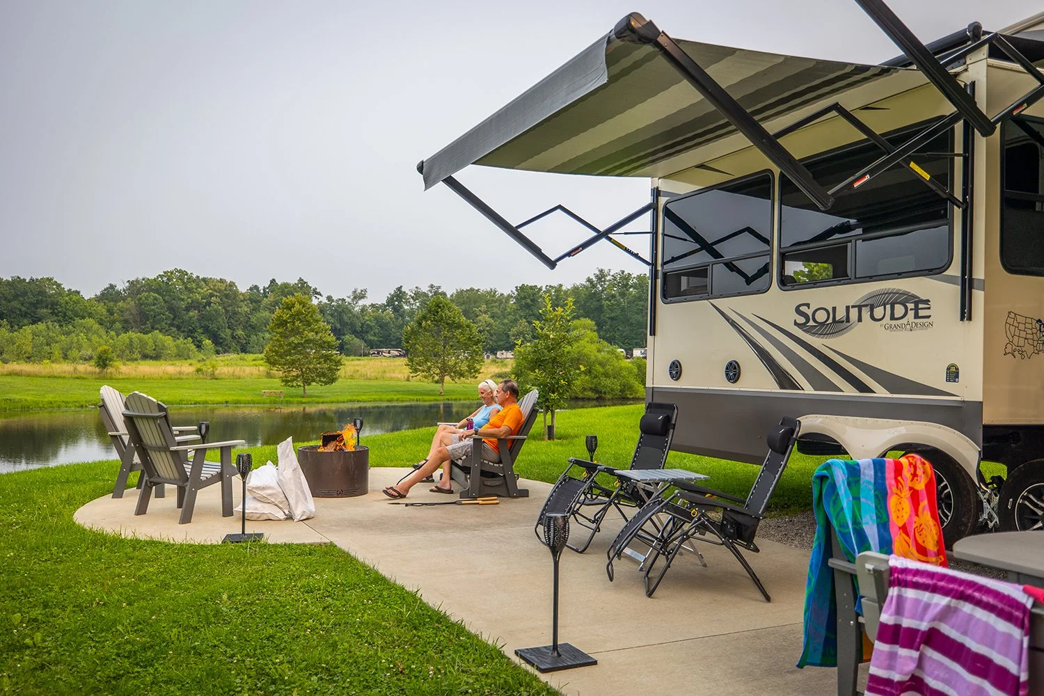 RV campsite with patio and awning