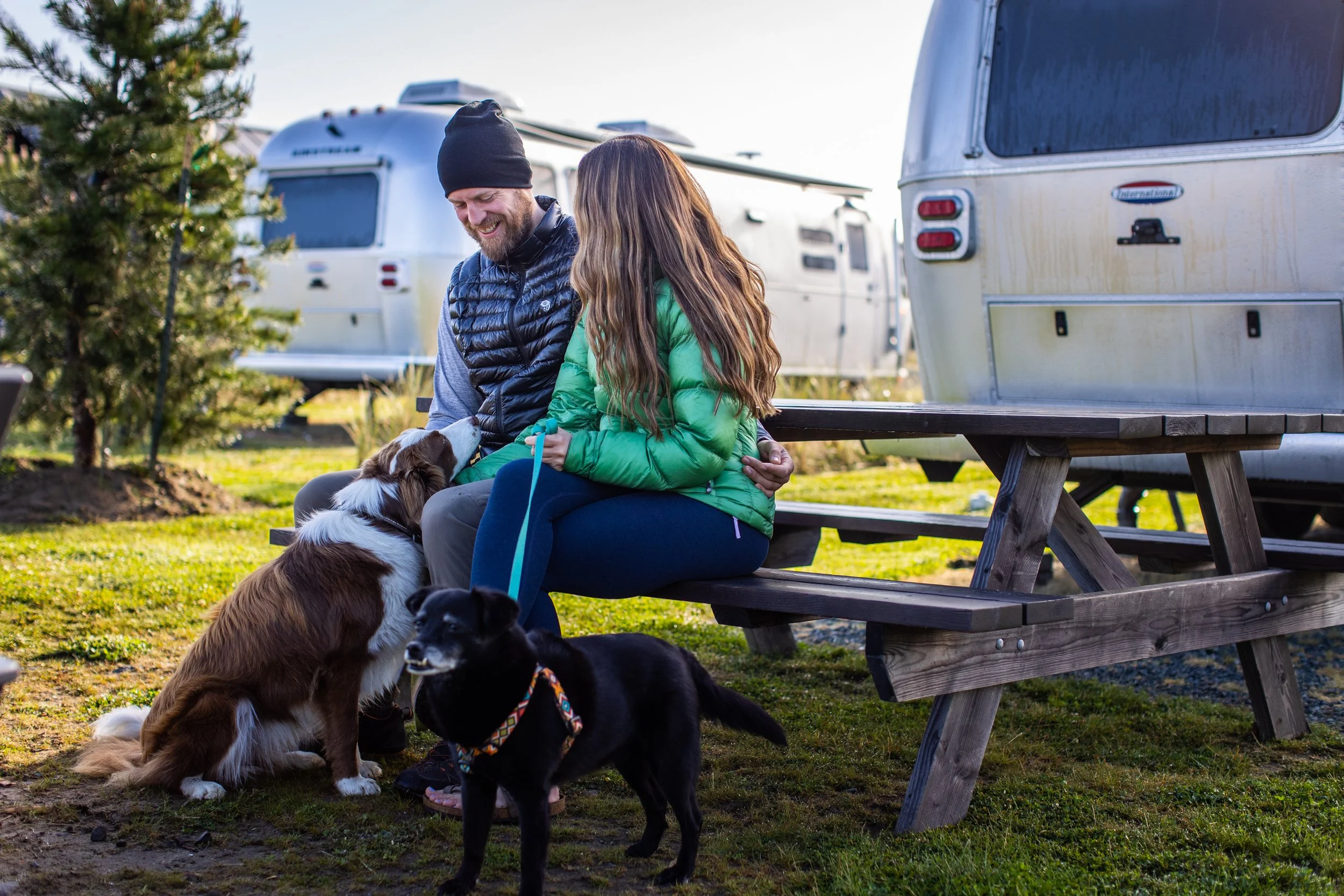Man and woman sitting on a wooden picnic table outdoors in front of campers, smiling and playing with two dogs.