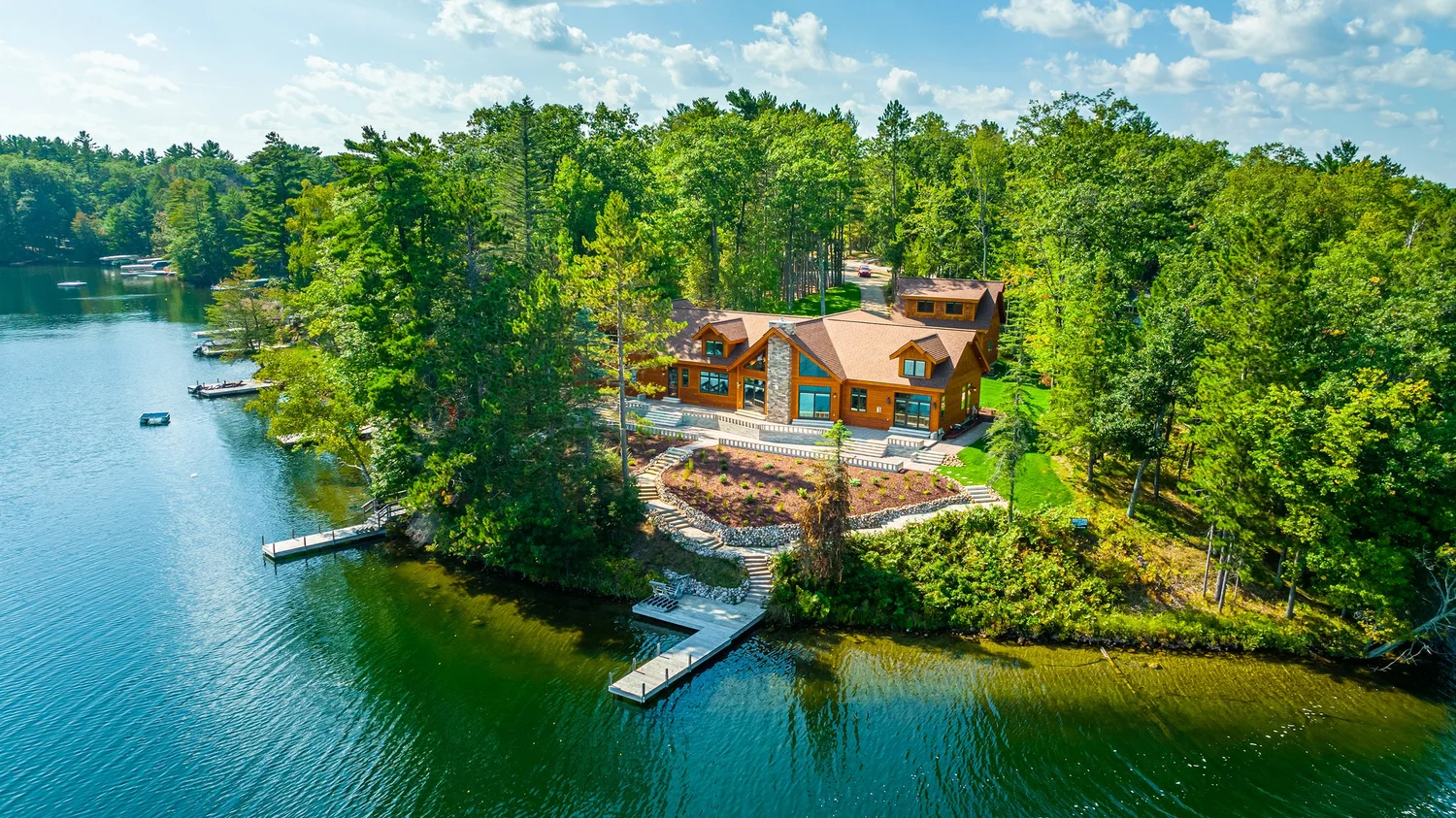 Aerial view of a lake home on a Wisconsin chain of lakes
