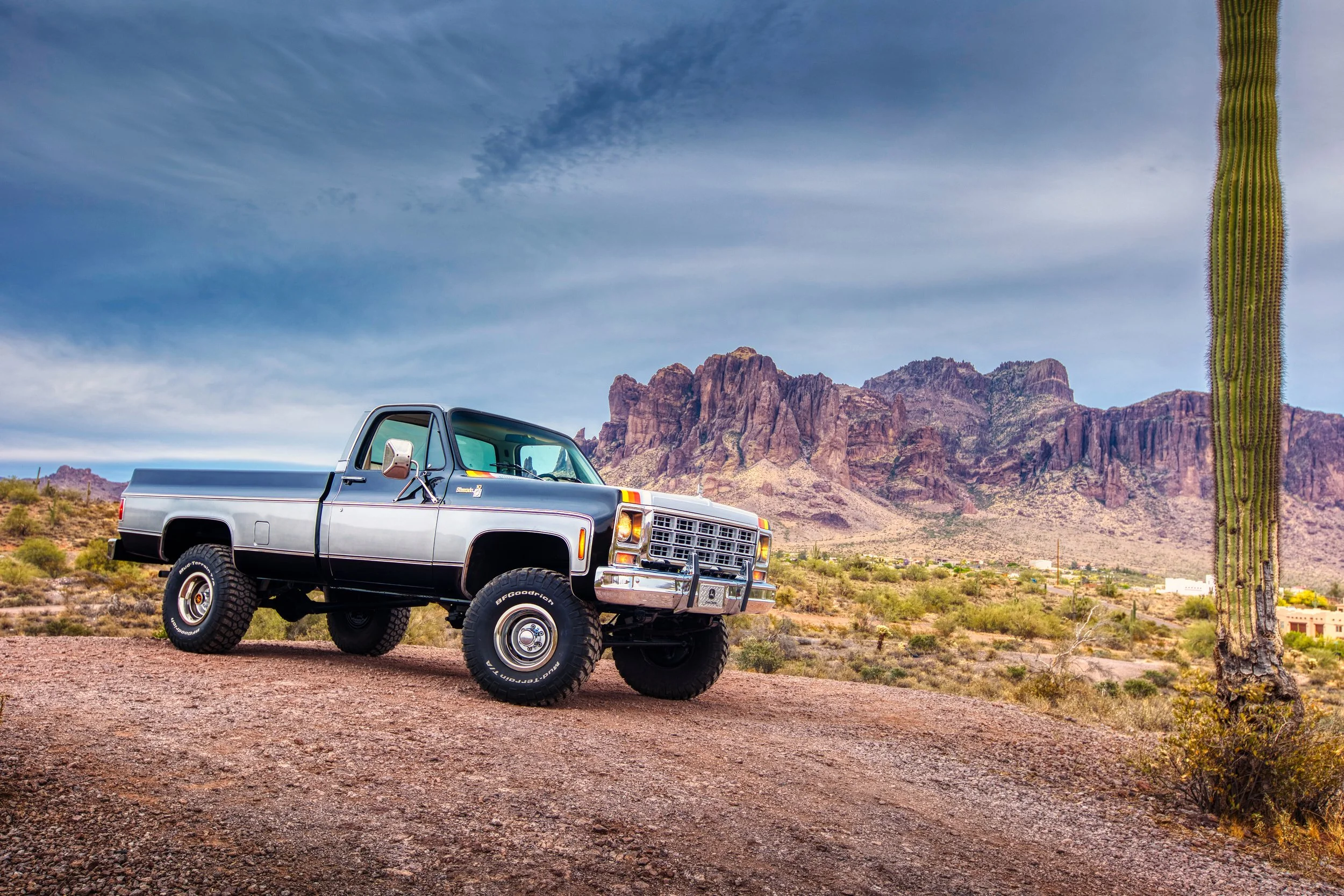 An off-road pickup truck parked on a dirt path in a desert landscape with mountain ranges in the background and a tall cactus on the right side.