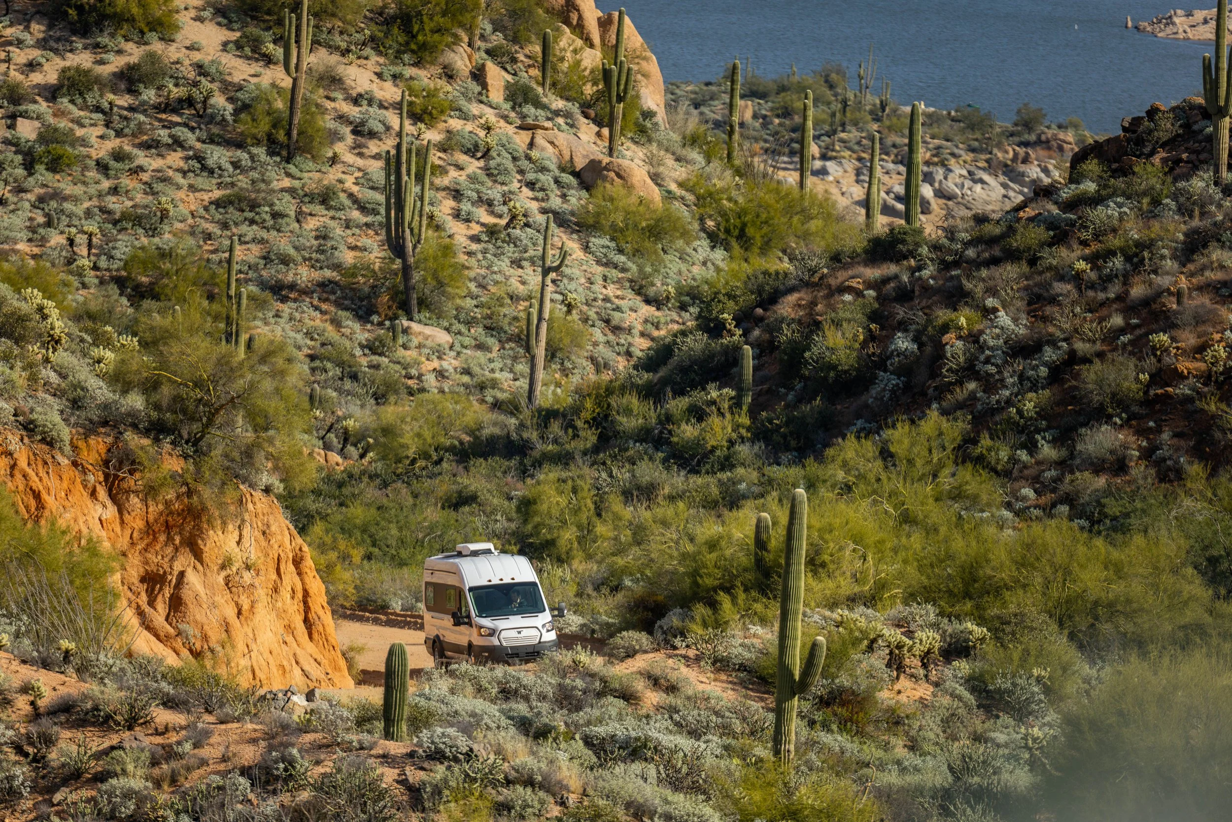 A white camper van driving on a dirt path through a desert landscape with green cacti, shrubs, and rocky hills, with a body of water visible in the background.