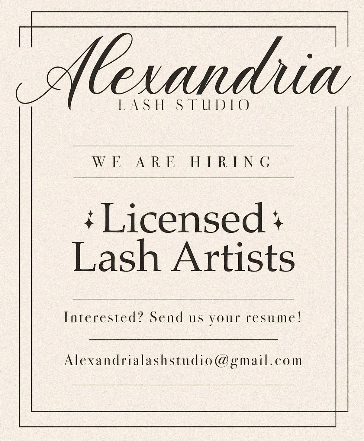 We are looking to add one more artist to our team before busy holiday season starts! Please email us your resume to join our team🤍✨
@jenna.alexandrialashes 
@selena.alexandrialashes 
@brittany.alexandrialashes 
@natalie.alexandrialashes