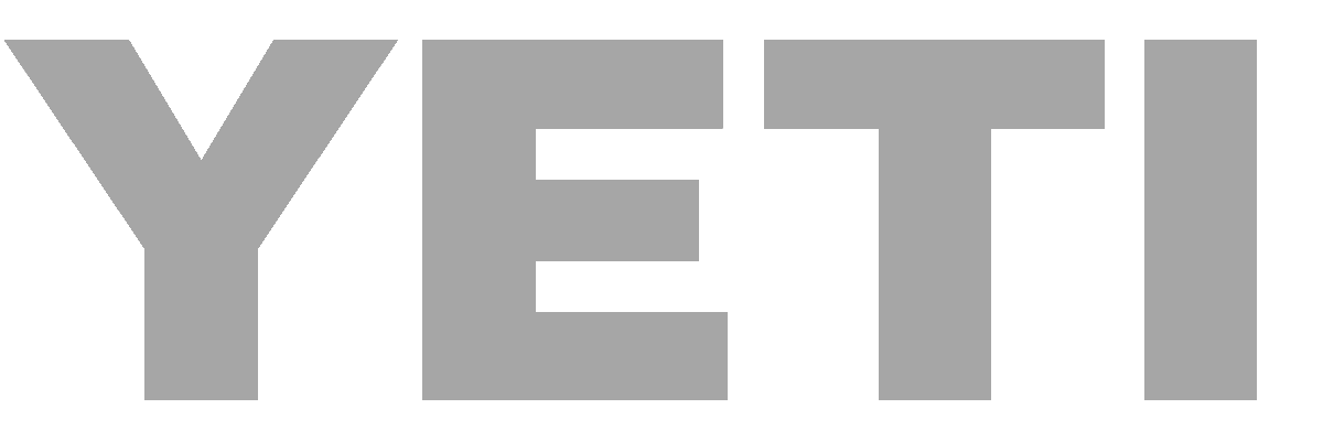 Large caption with the word "YETI" in bold gray letters on a black background
