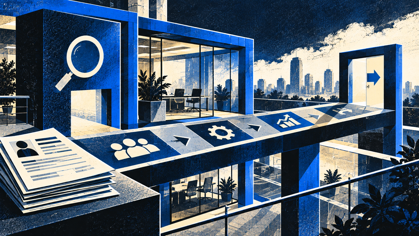 Employees move through a structured hiring, management, and transition framework.
