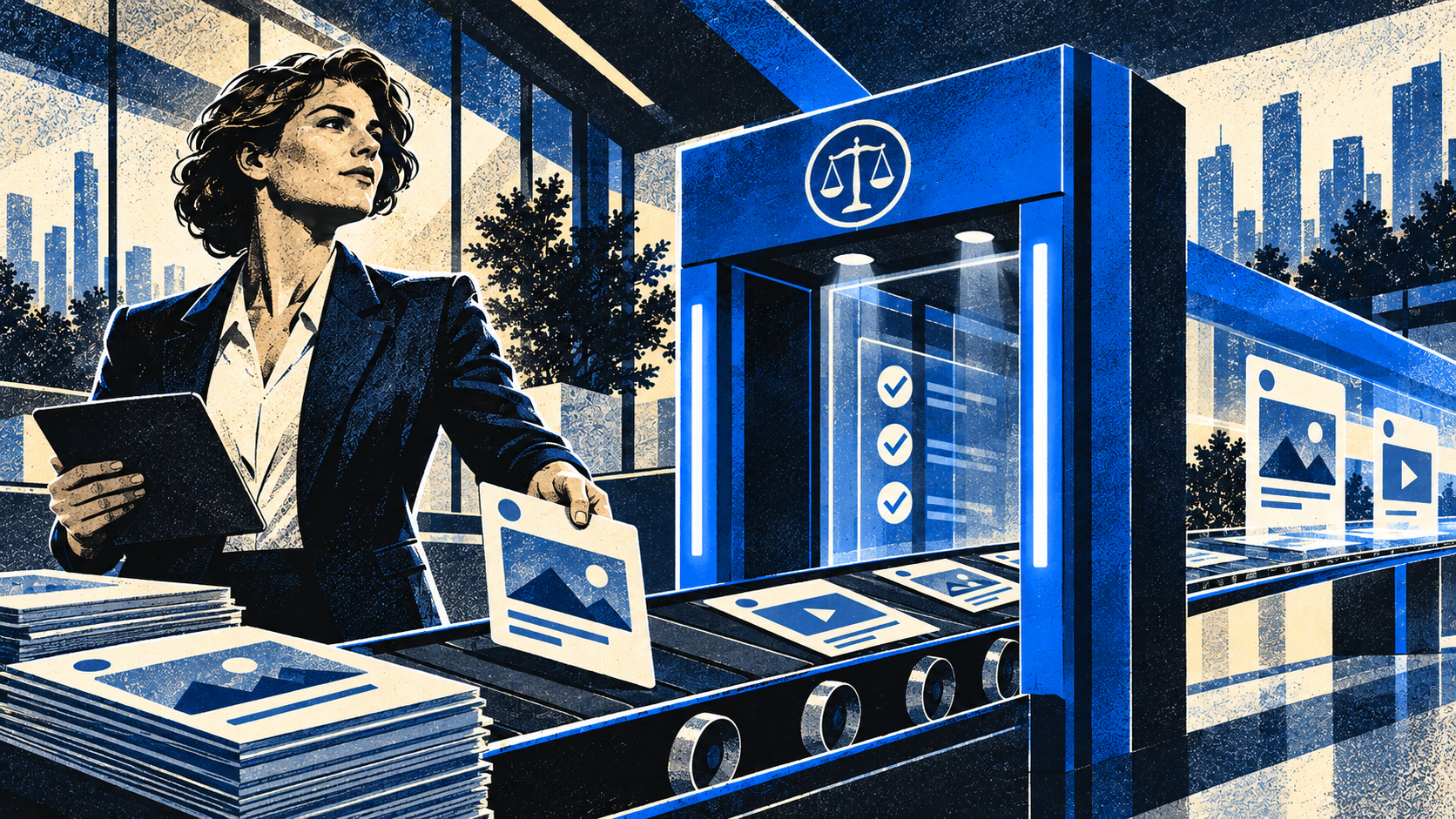 Social media campaign materials pass through a blue legal checkpoint before publication.