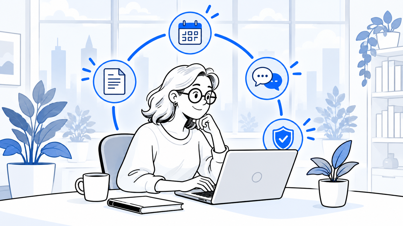 Business owner works at a laptop while a circular system connects a calendar, document, consultation, and protection shield.