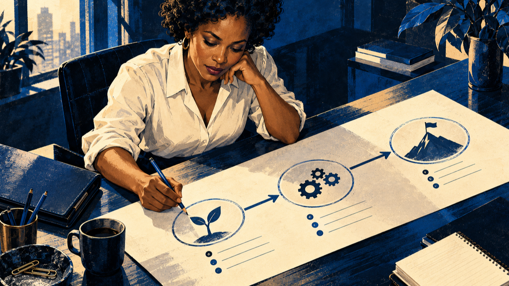 Business owner sketches a three-stage plan on a long sheet, moving from a seedling to working gears to a flag on a summit.