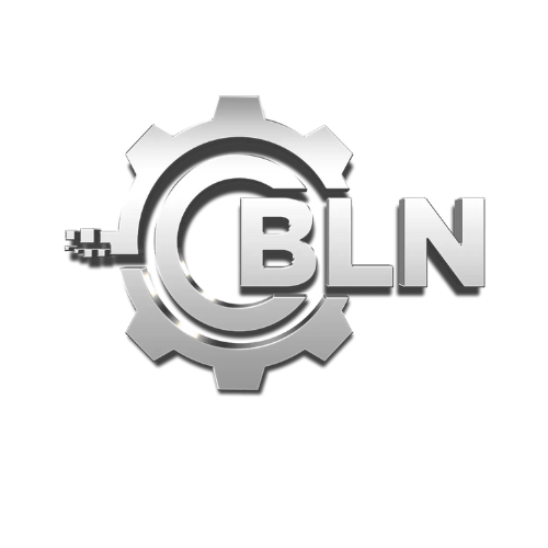 A metallic logo with the letters 'BLN' inside a gear, featuring a plug outline on the left side.