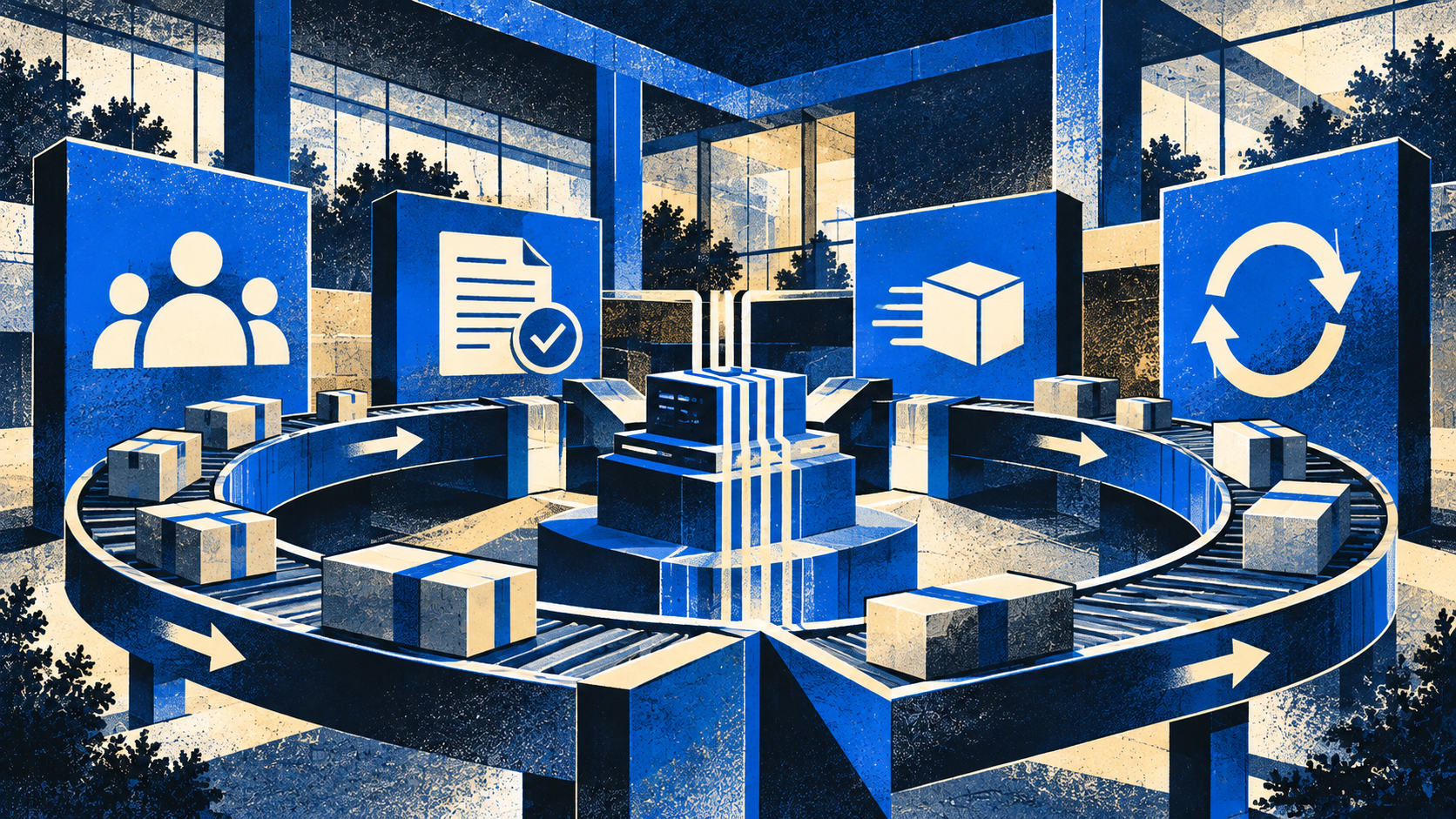 Customers, agreements, delivery, and renewals connect in a continuous subscription cycle.
