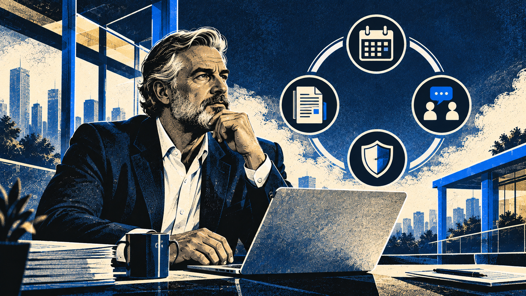 Business owner works at a laptop while a circular system connects a calendar, document, consultation, and protection shield.