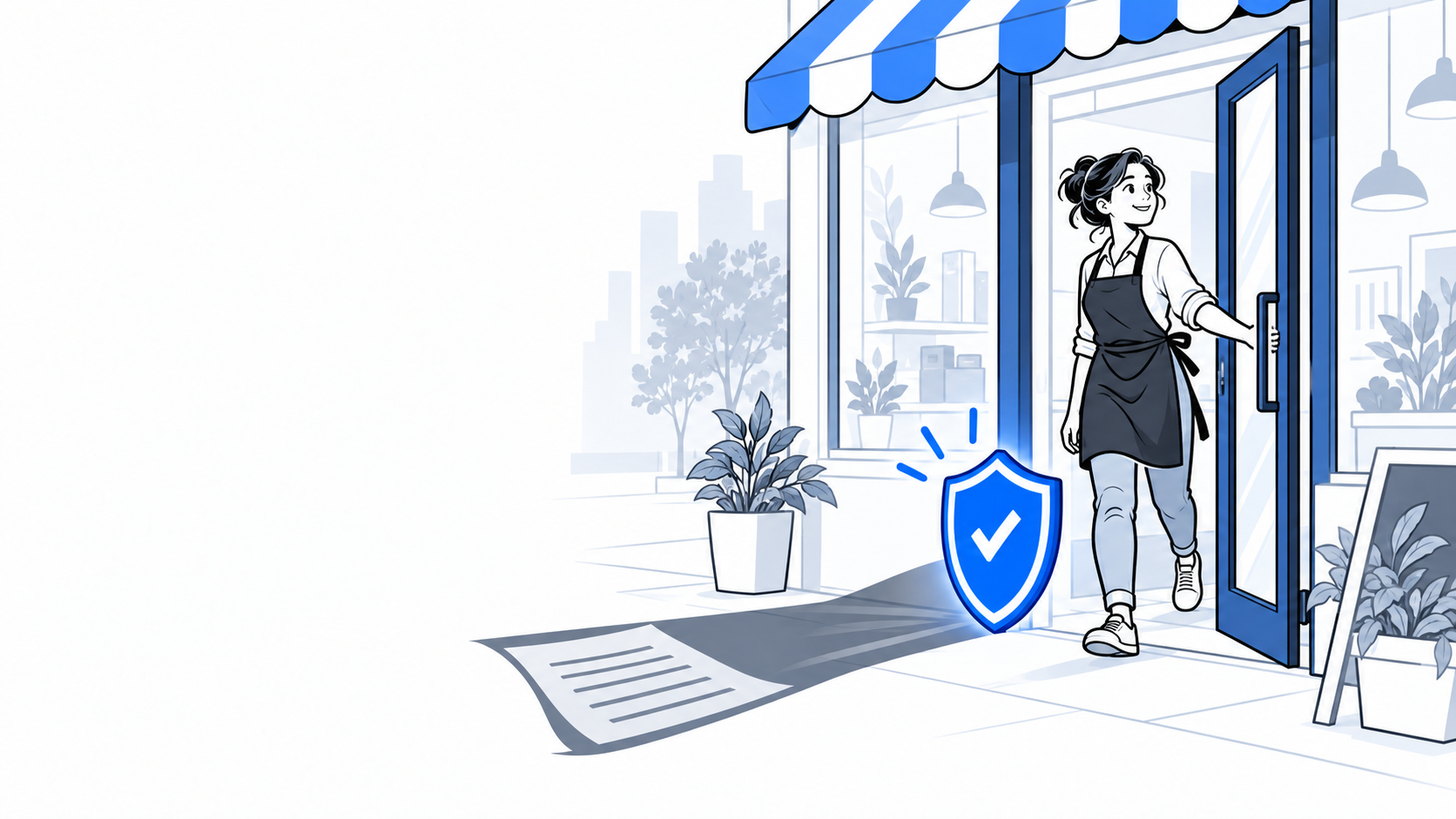 Entrepreneur opens a new storefront while a blue legal safeguard blocks the shadow of a formal document.