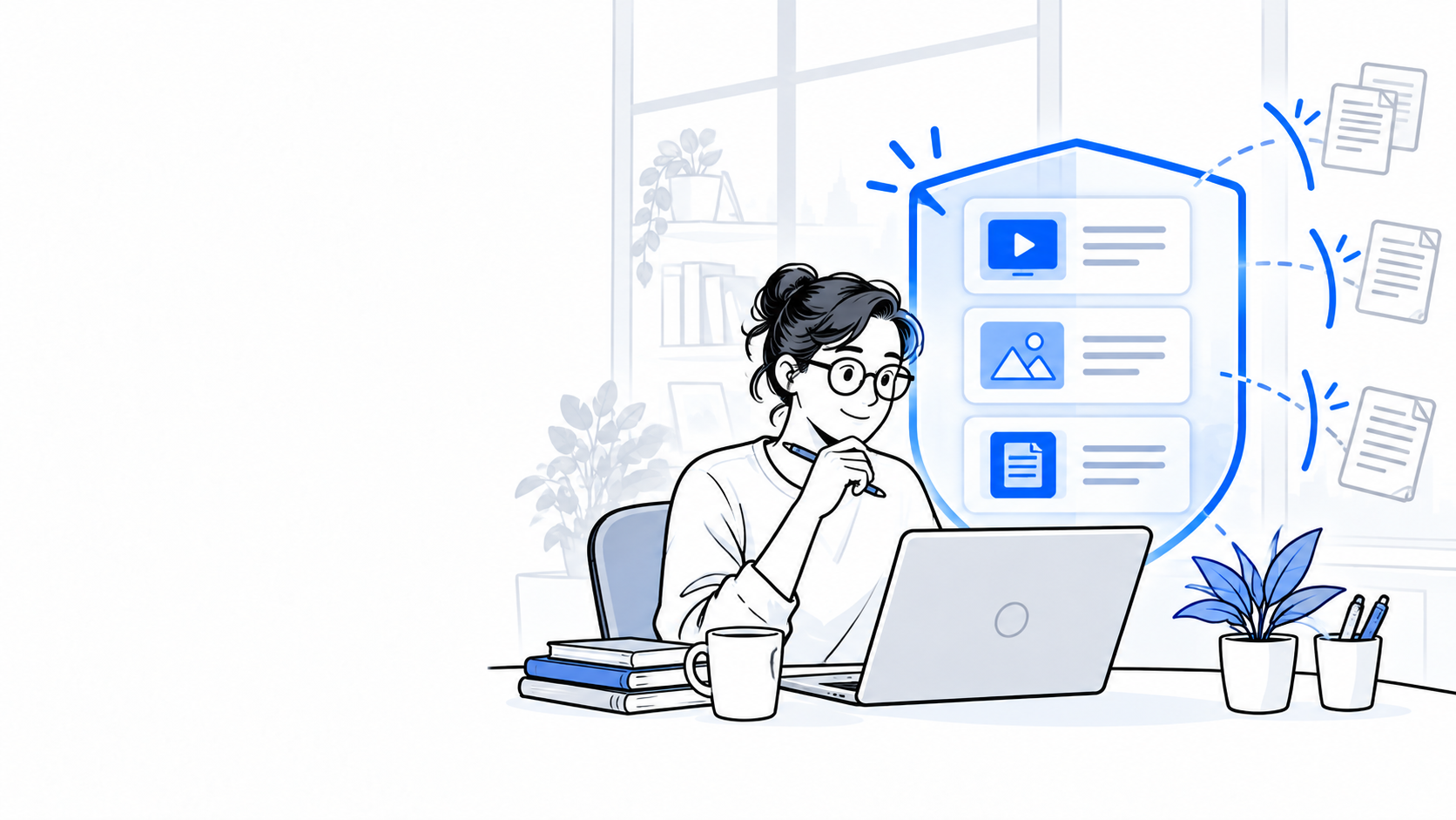 Online course creator works within a blue protective boundary while attempted copies remain outside.