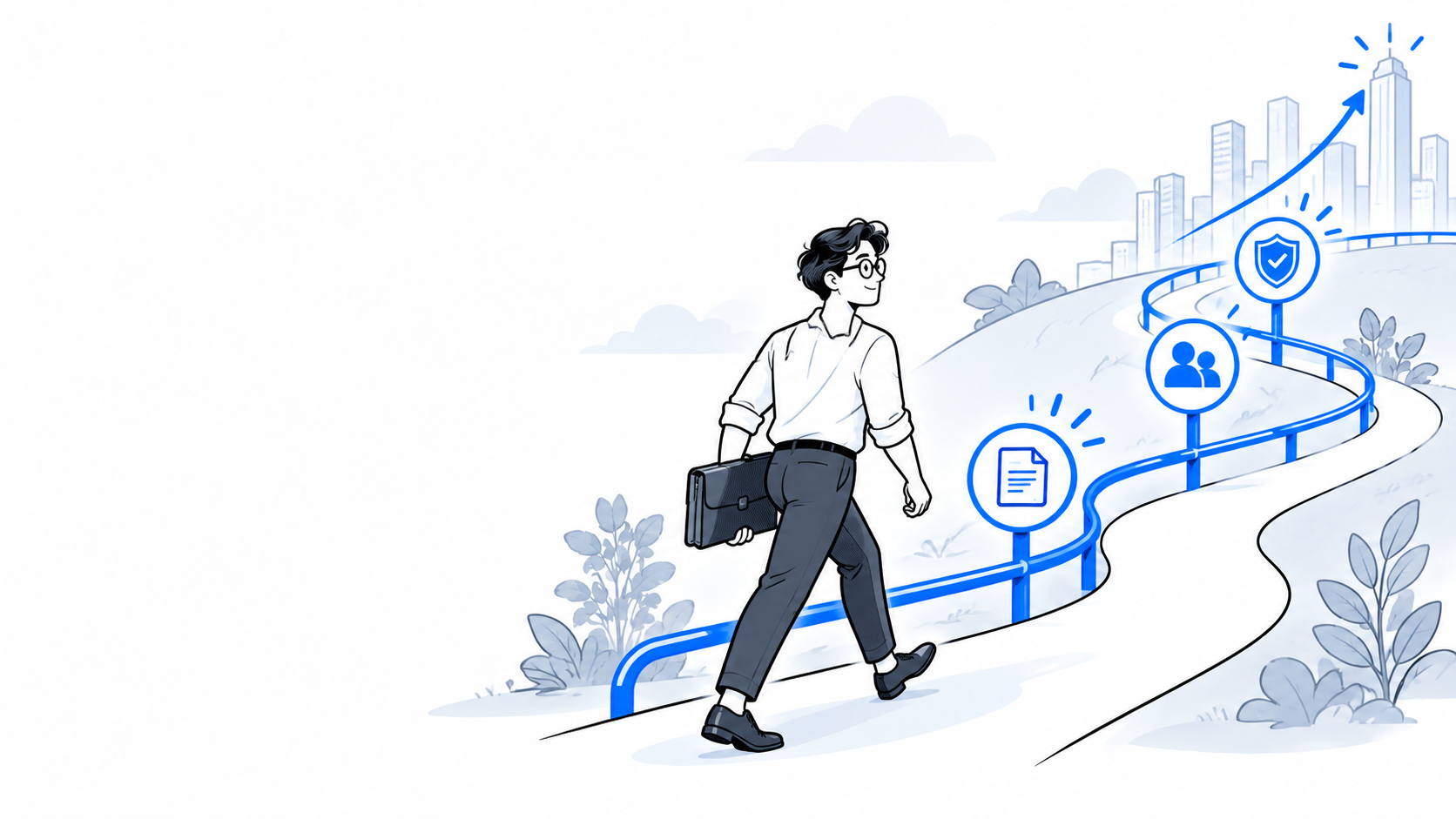 Entrepreneur advances along a rising business path protected by legal guardrails placed before each stage of growth.