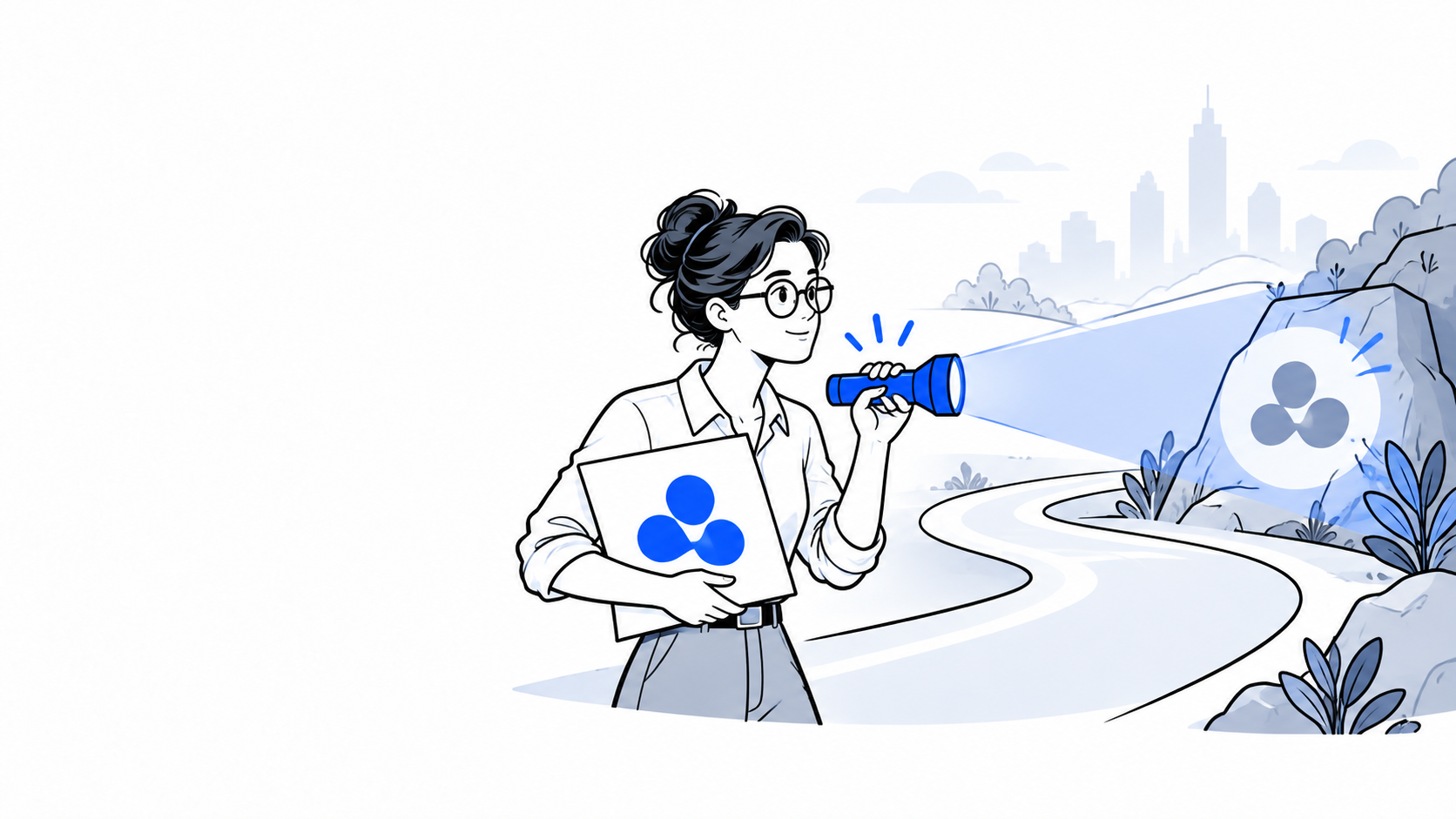 Business owner uses a blue searchlight to discover a conflicting brand symbol before launch.