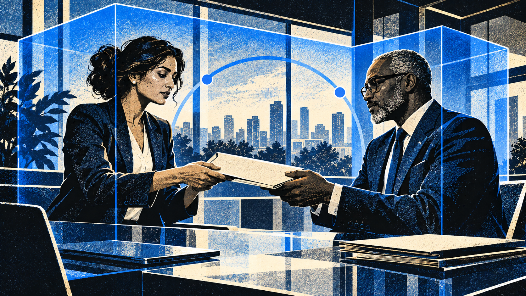 Two people exchange confidential information inside a blue privacy boundary.