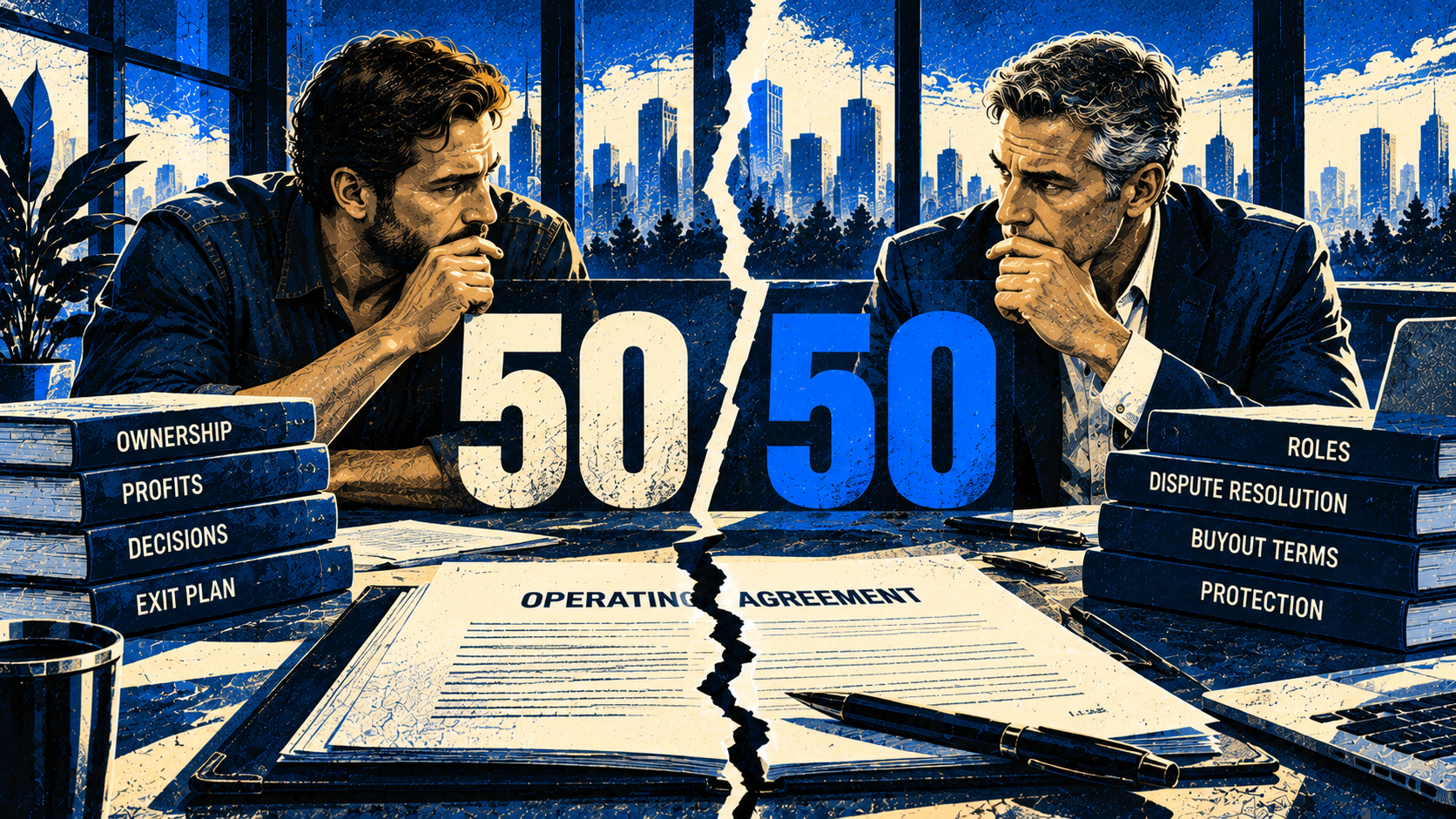 Two business partners sit across a desk in thought, with a large 50/50 between them and a crack splitting the operating agreement on the table.