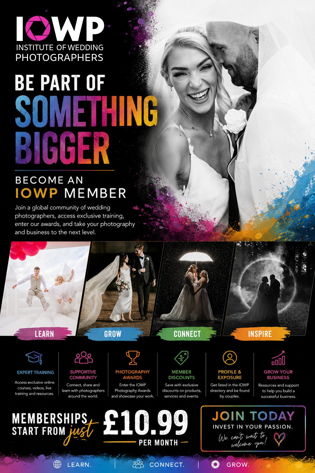 Promotional flyer for the Institute of Wedding Photographers showing a smiling bride and groom in black and white, with colorful text and images promoting membership benefits such as learning, growing, connecting, and inspiring in wedding photography.