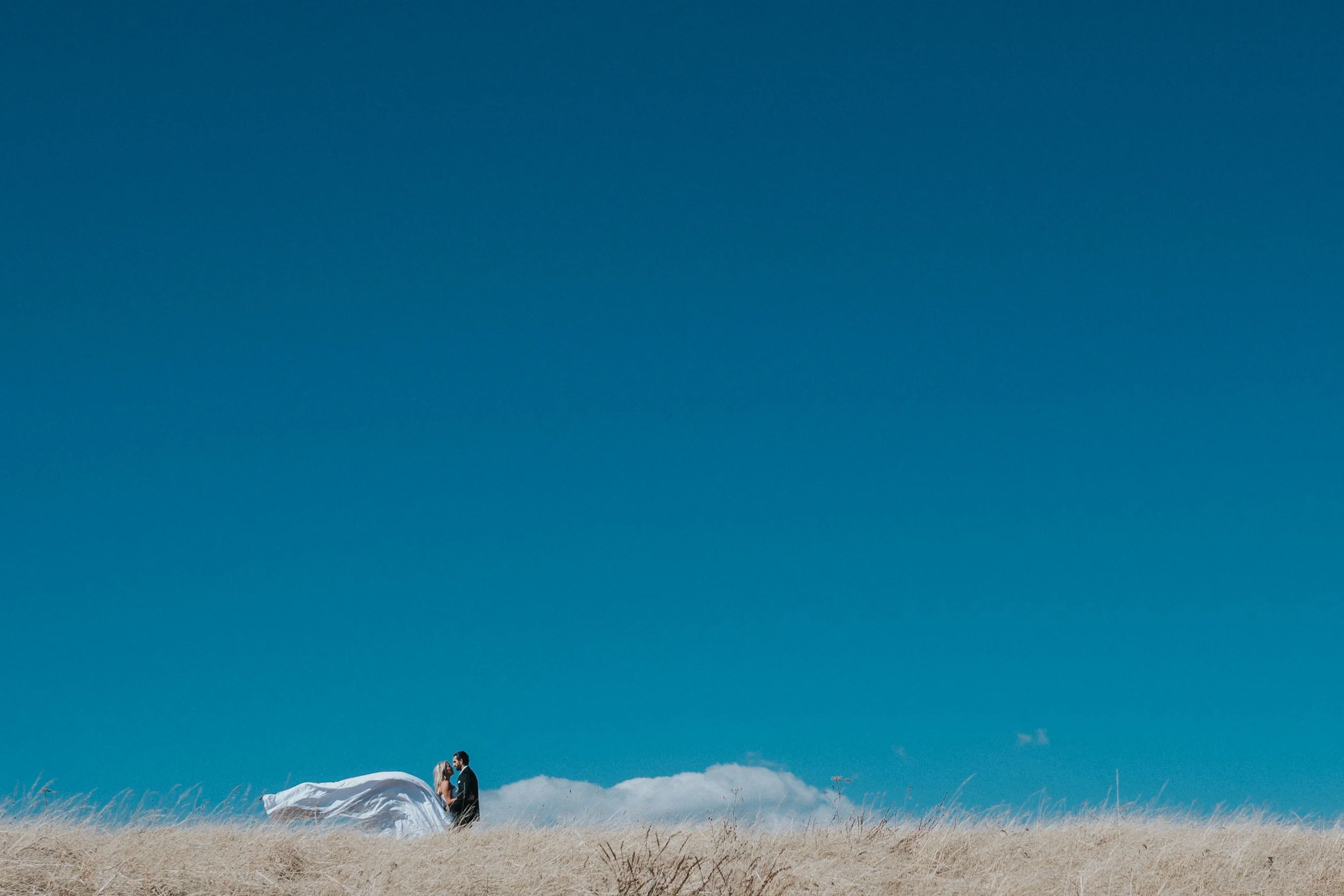 A couple in formal wedding attire stands on a grassy hilltop under a clear blue sky. The bride's white gown flows in the wind, and the groom is dressed in a dark suit. They are holding hands and gazing at each other, with no other people or objects v