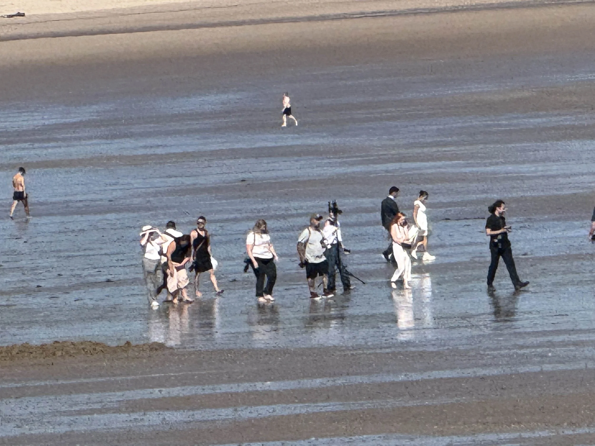 Group of people walking on a wet sandy beach, some wearing masks, and some with cameras.