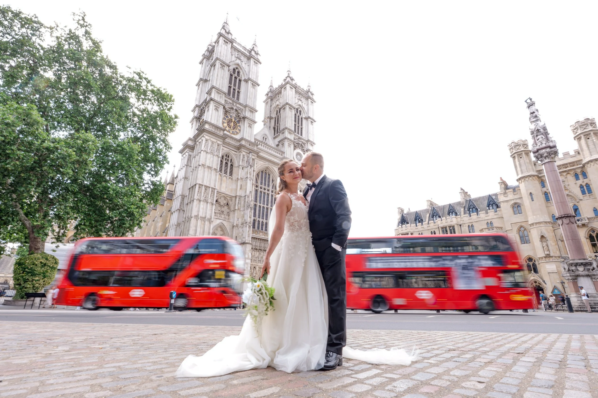 Bride in a wedding dress photographed near Westminster Abbe