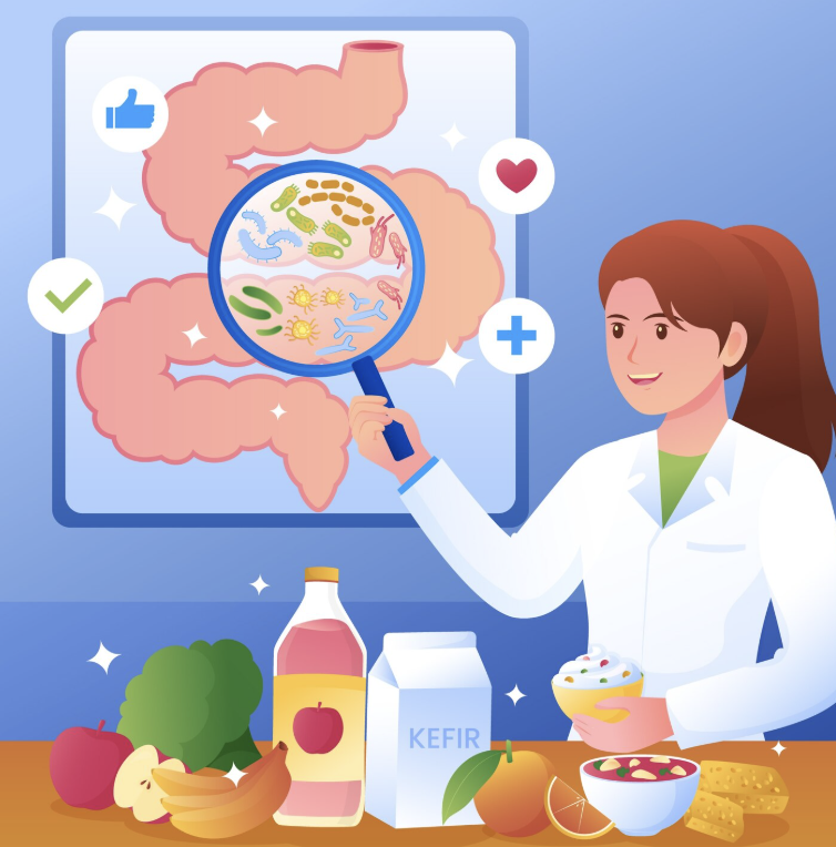A female scientist in a white coat pointing at a diagram of the human gut on a screen, with images of bacteria, probiotics, and healthy food items like yogurt, apple, and vegetables on the table.