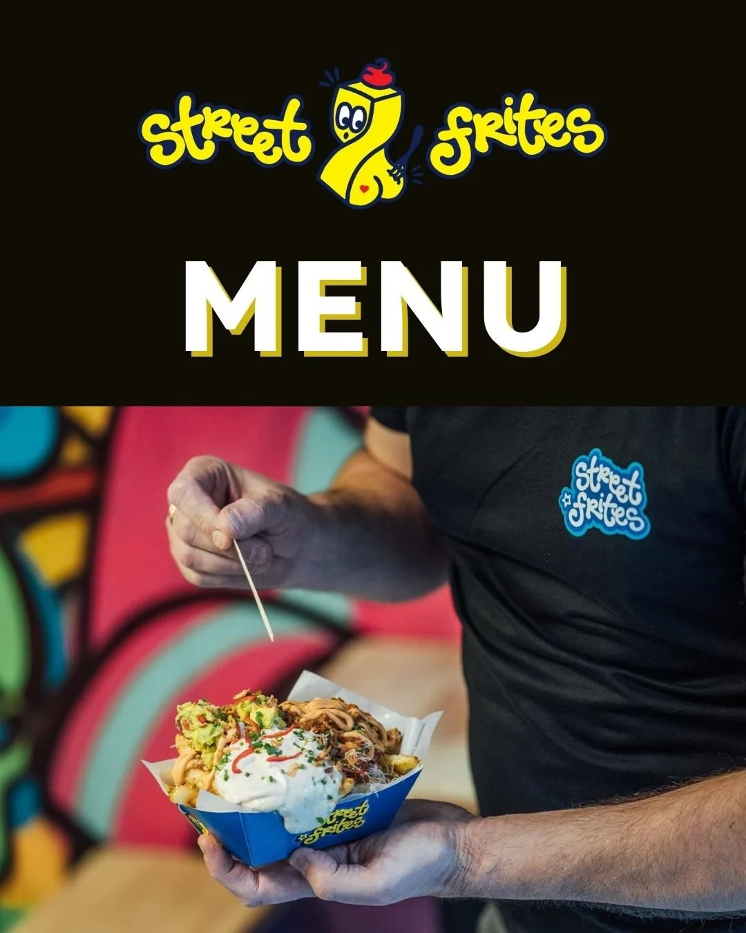 Bold imagery for Instagram Menu Carousel with Street Frites logo and image of mexican taco gourmet tray