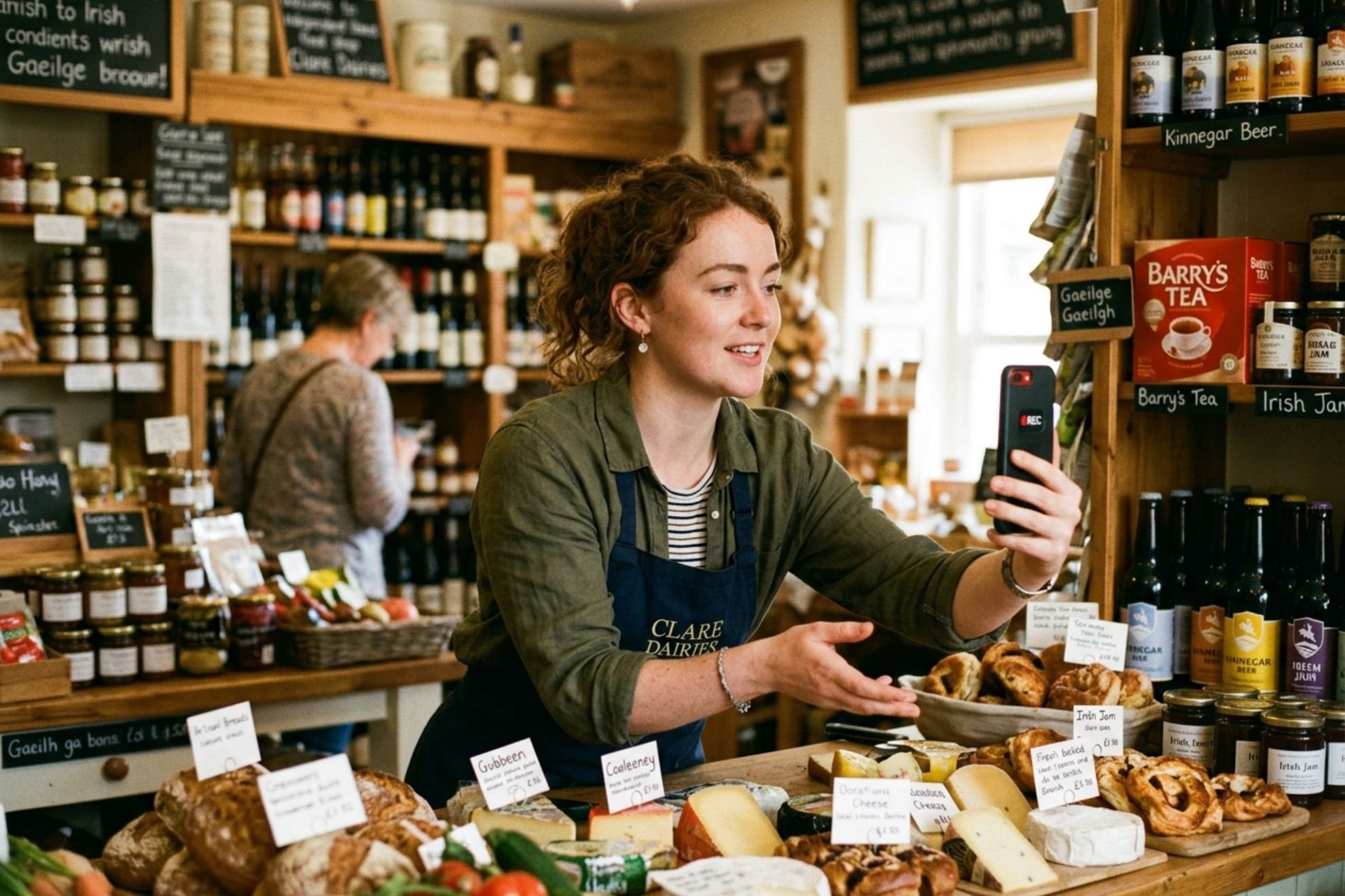 Irish food shop owner filming short-form social media content on a smartphone behind the counter, local produce visible in the foreground