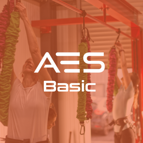 People participating in a fitness class, hanging from a pull-up bar, with colorful hanging straps in the foreground.