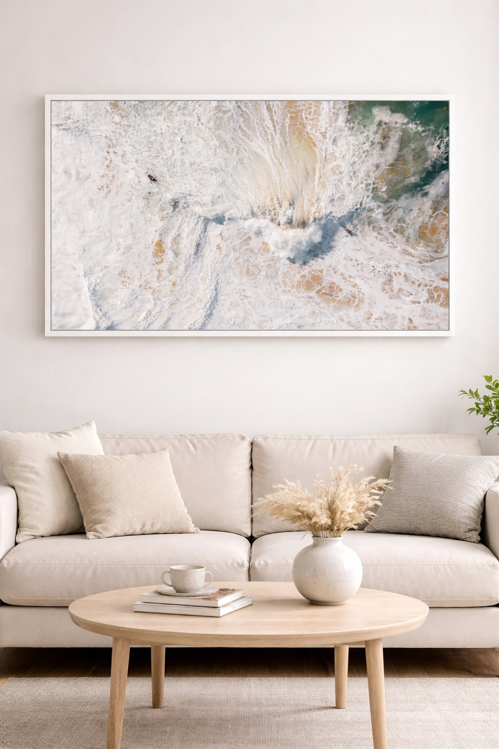 Serene beach scene in modern living room.png