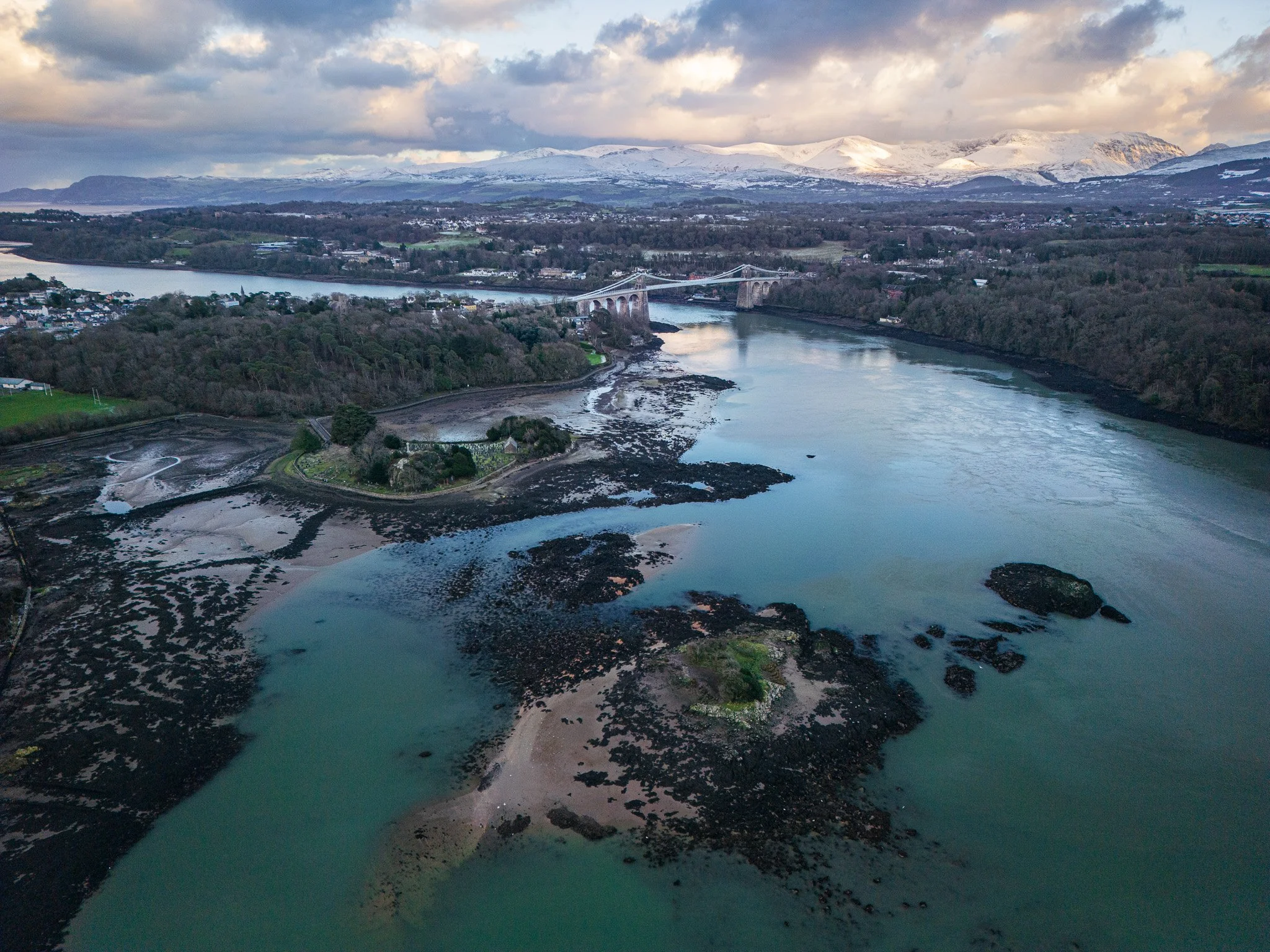 Menai Bridge & Church Island Snow Drone (Landscape)