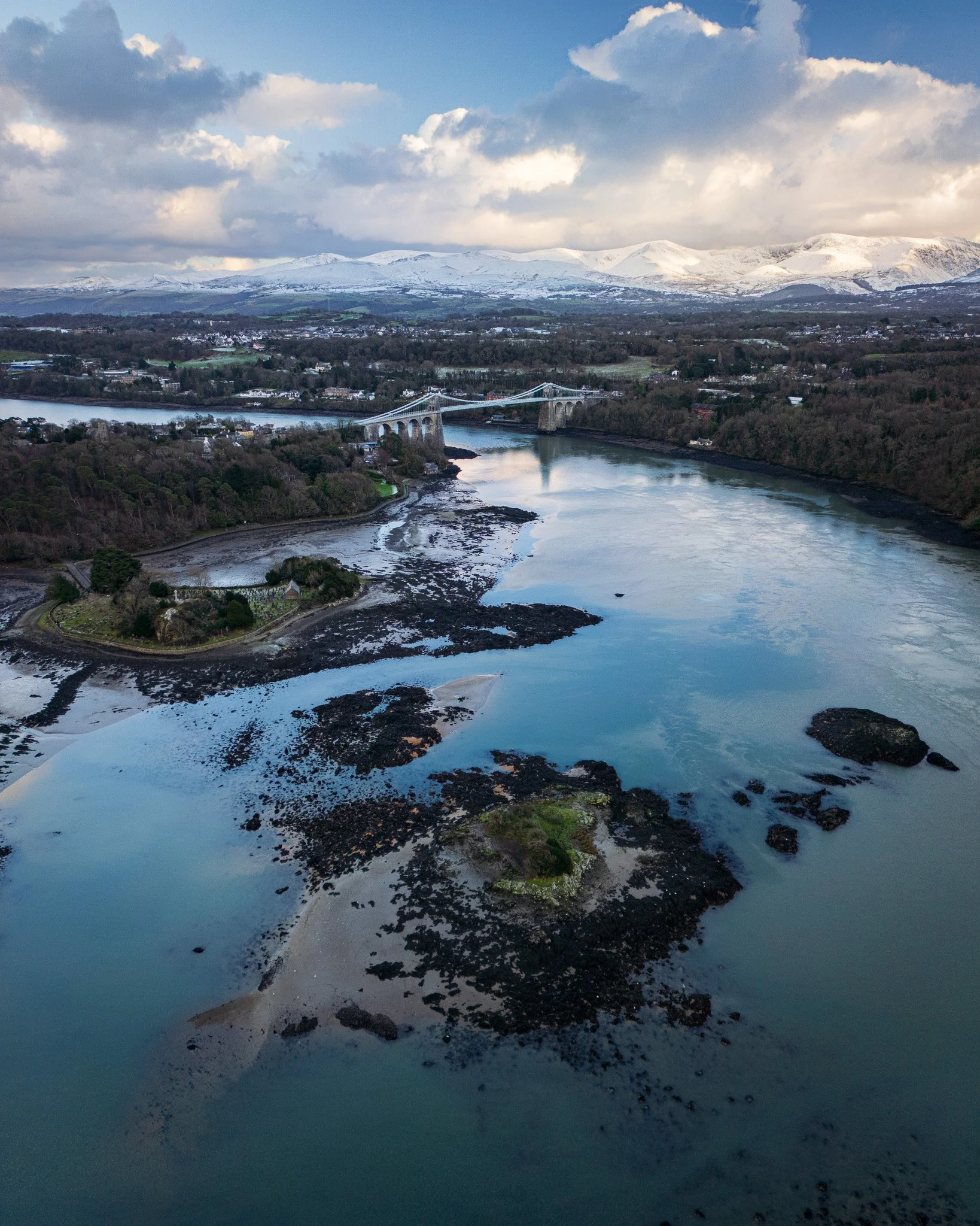 Menai Bridge & Church Island Snow Drone (Portrait)