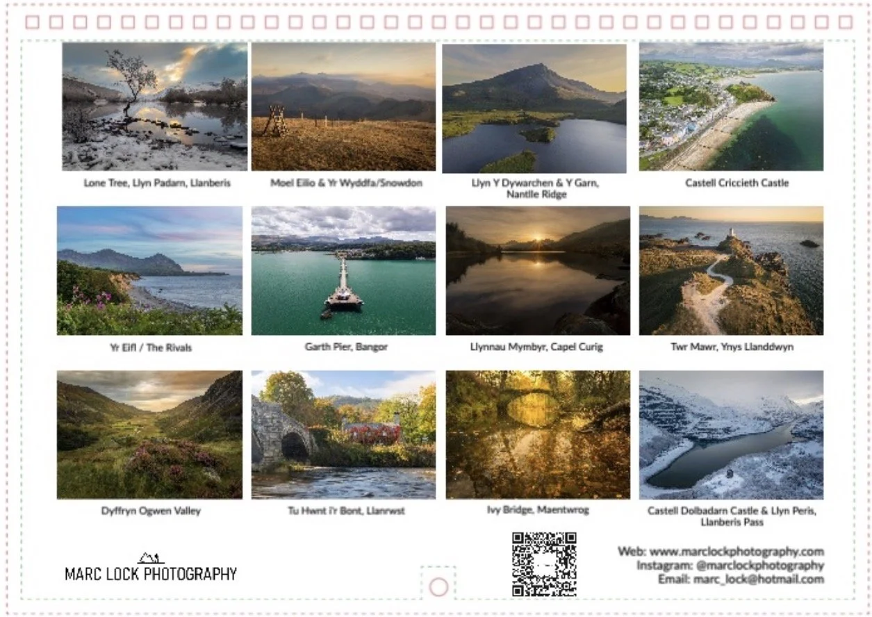 Collage of twelve landscape photographs showing lakes, mountains, castles, and rivers in Wales, with captions and a photography credit at the bottom.