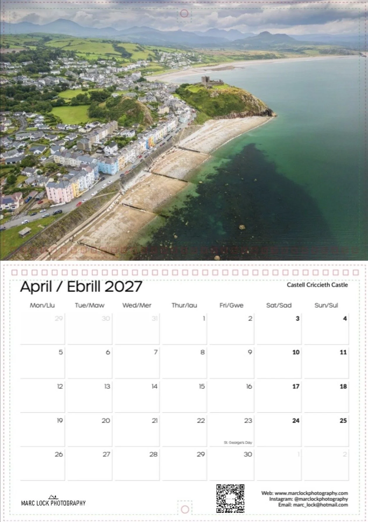 A calendar for April / Ebrill 2027 featuring a colorful aerial view of Castell Criccieth Castle beside the coastline with green hills and mountains in the background.