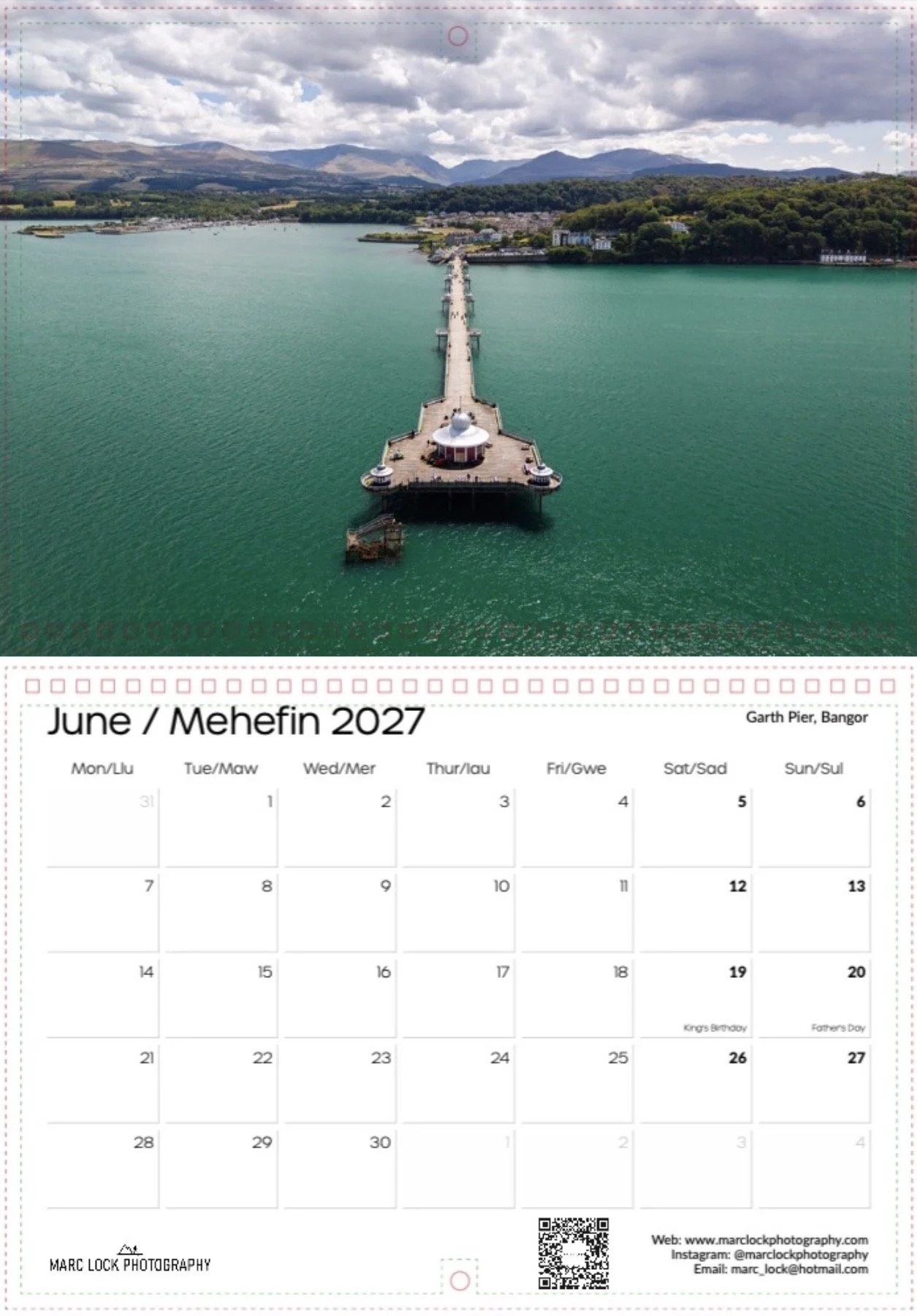 A calendar page for June 2027 featuring a scenic photograph of Garth Pier in Bangor at the top, showing a pier extending into a body of water with mountains in the background and a cloudy sky.