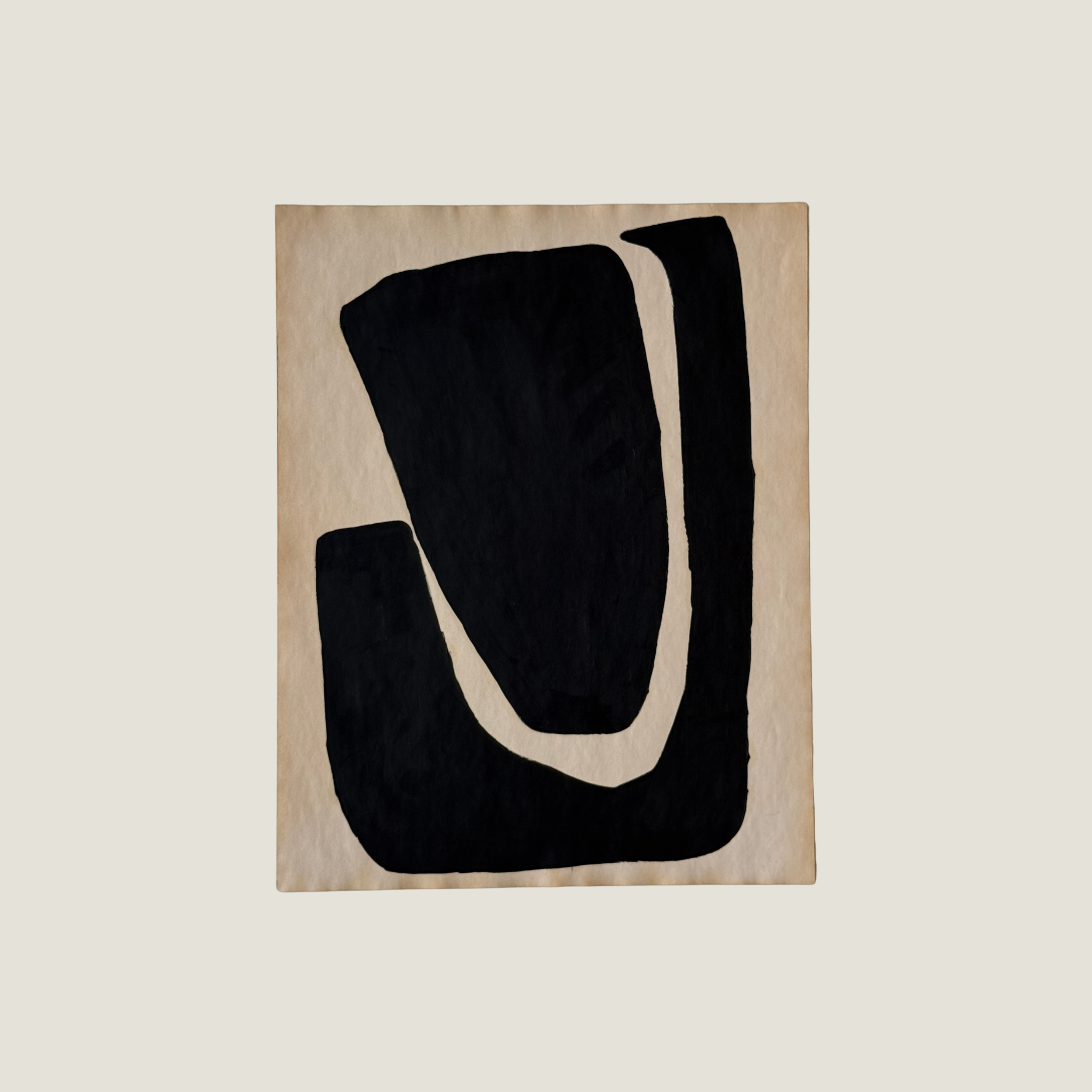 Original Object Series oil painting on vintage-style paper featuring a bold black organic form with two rounded shapes, inspired by forgotten objects and natural forms.