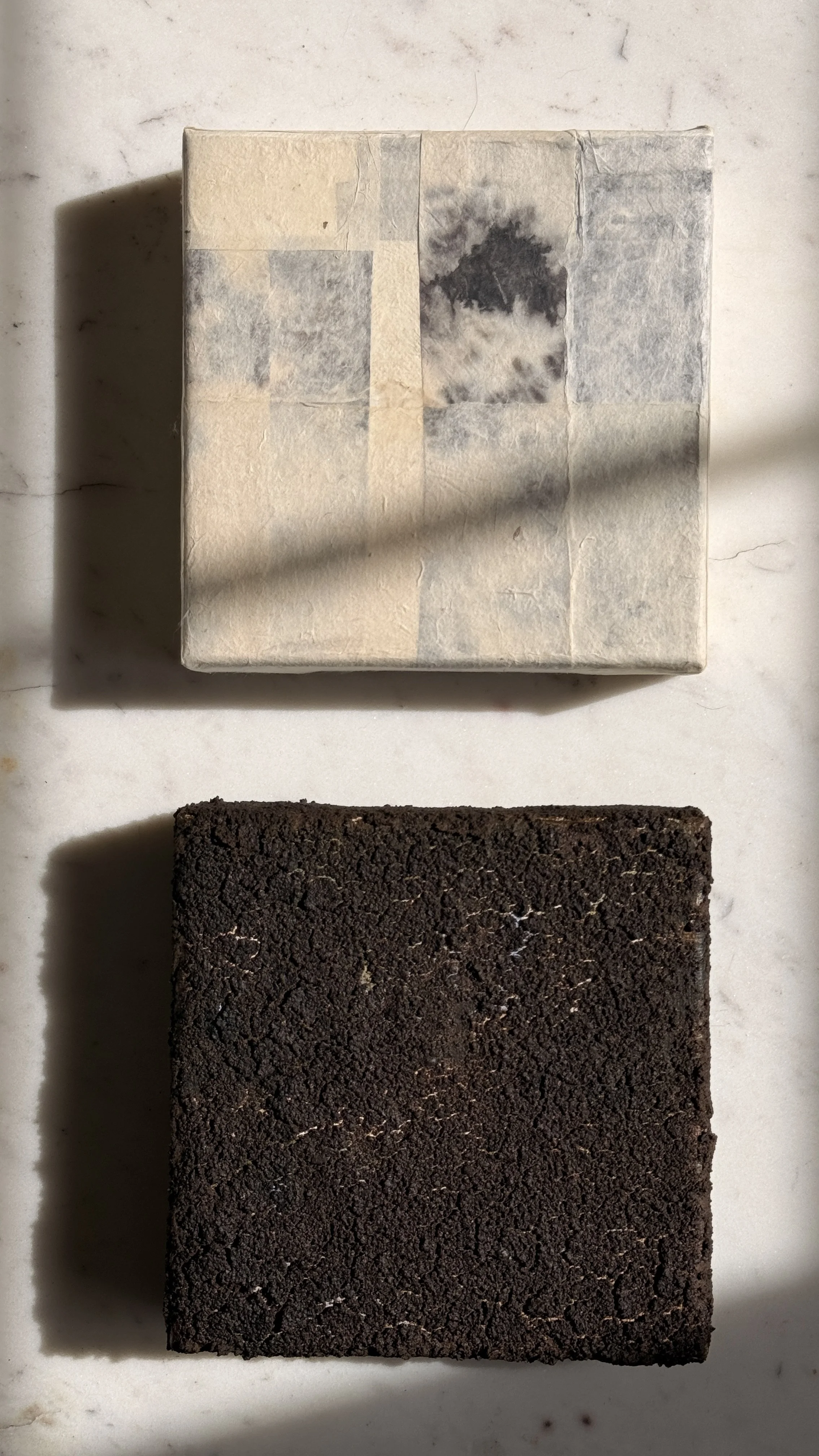 Small abstract artwork with a dense, cracked dark brown and black textured surface and faint pale veining, unframed 6x6 on linen