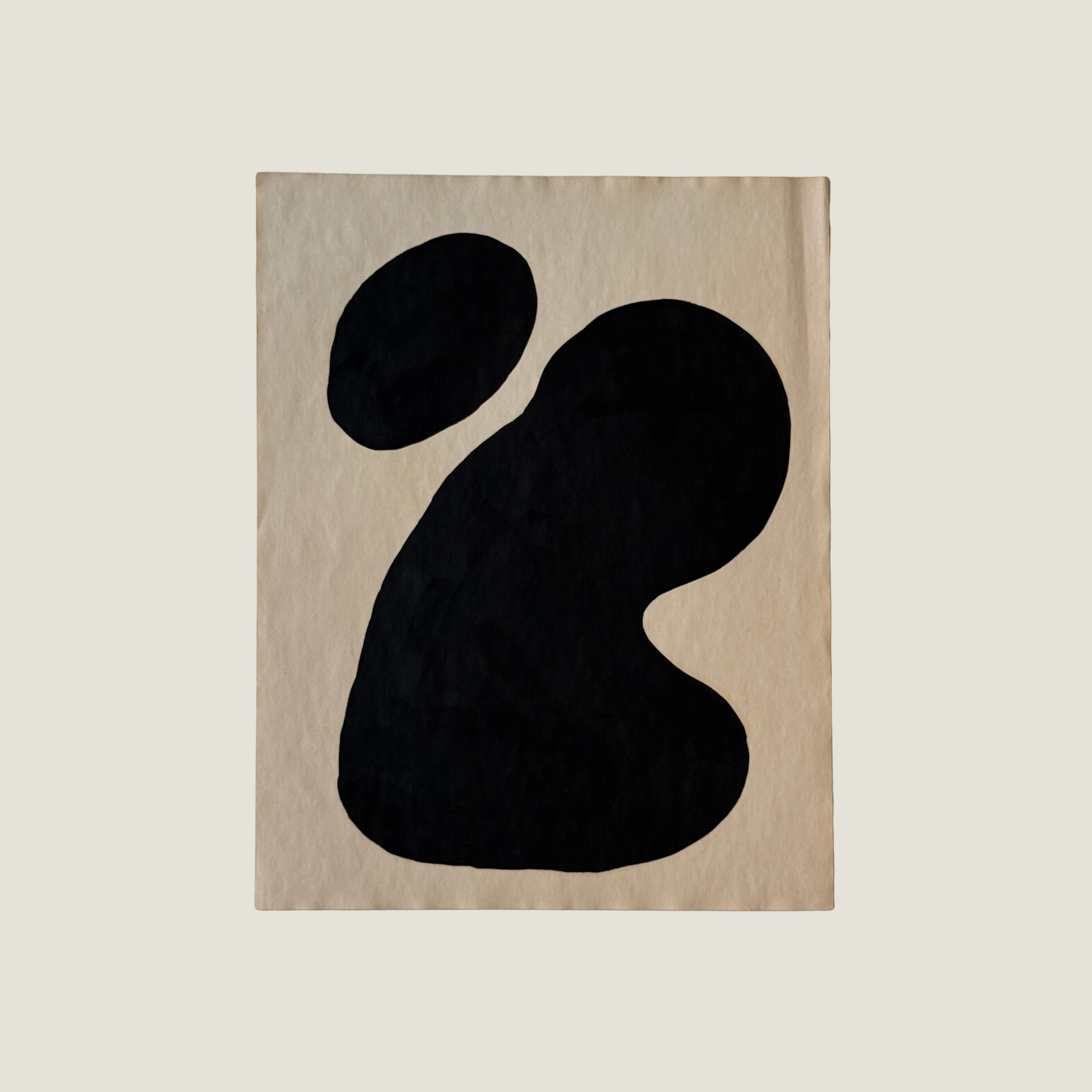 Original Object Series oil painting on vintage-style paper featuring a bold black organic form with two rounded shapes, inspired by forgotten objects and natural forms.