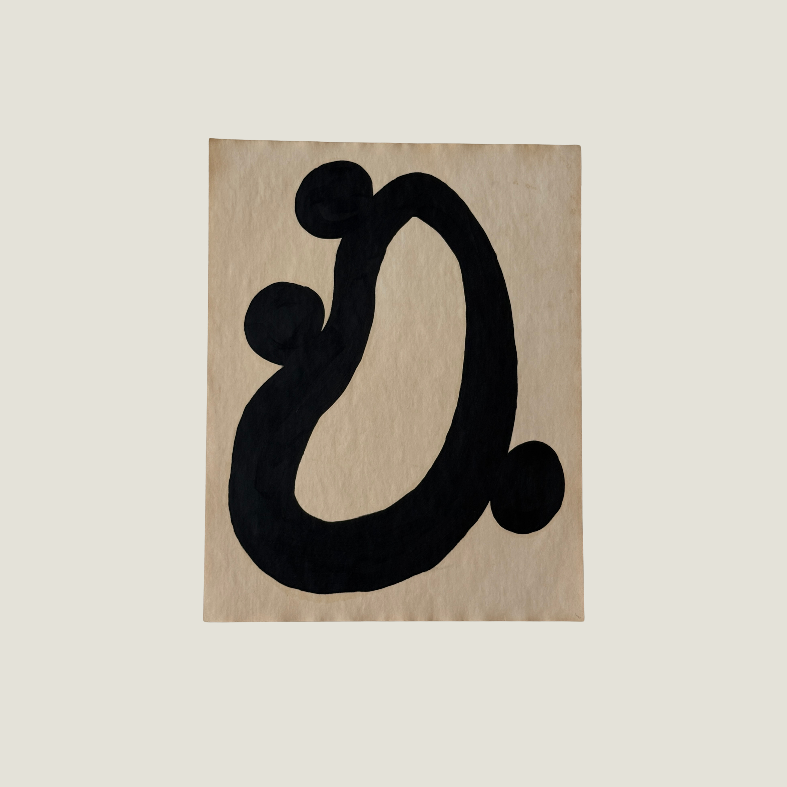 Original Object Series oil painting on vintage-style paper featuring a bold black organic form with two rounded shapes, inspired by forgotten objects and natural forms.