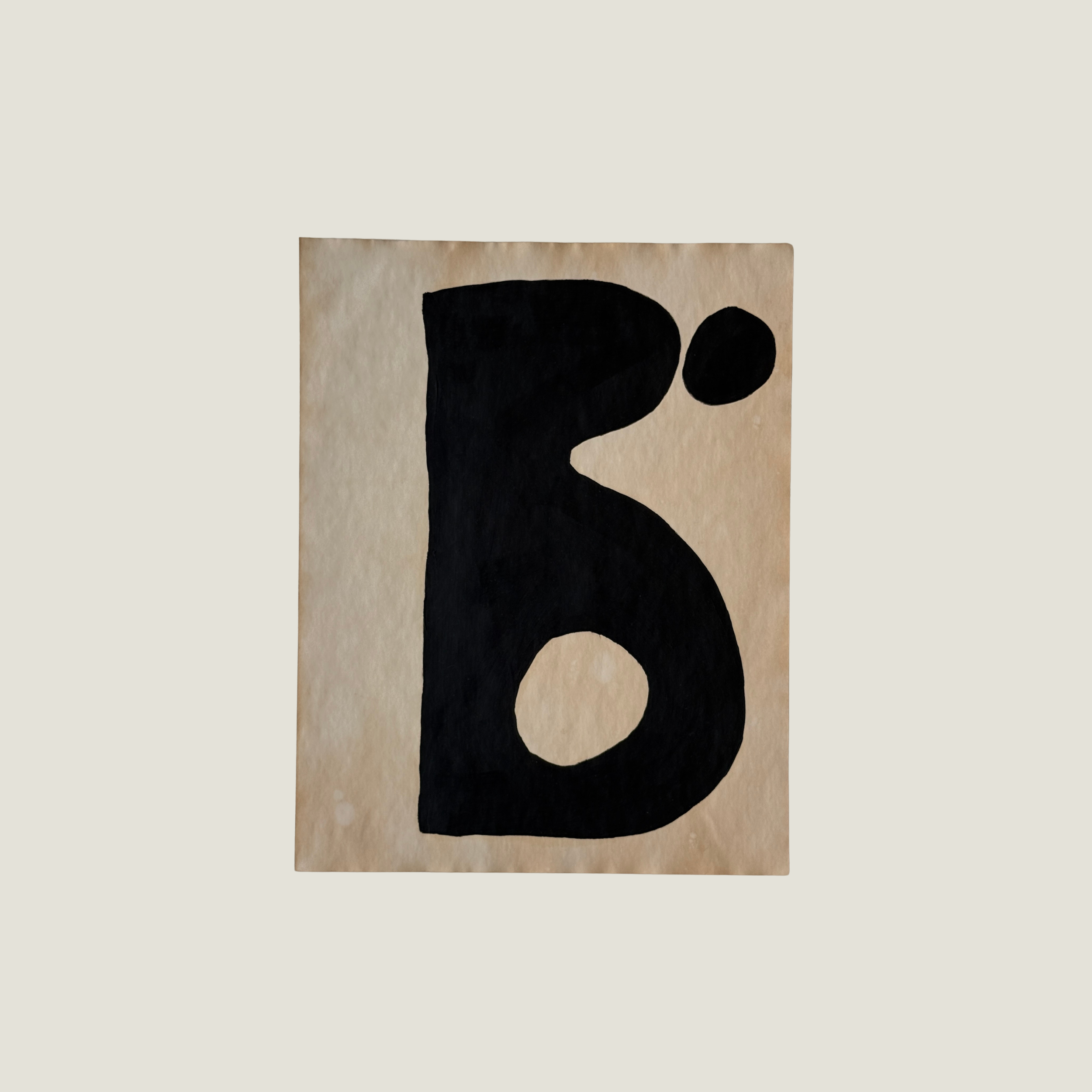 Original Object Series oil painting on vintage-style paper featuring a bold black organic form with two rounded shapes, inspired by forgotten objects and natural forms.