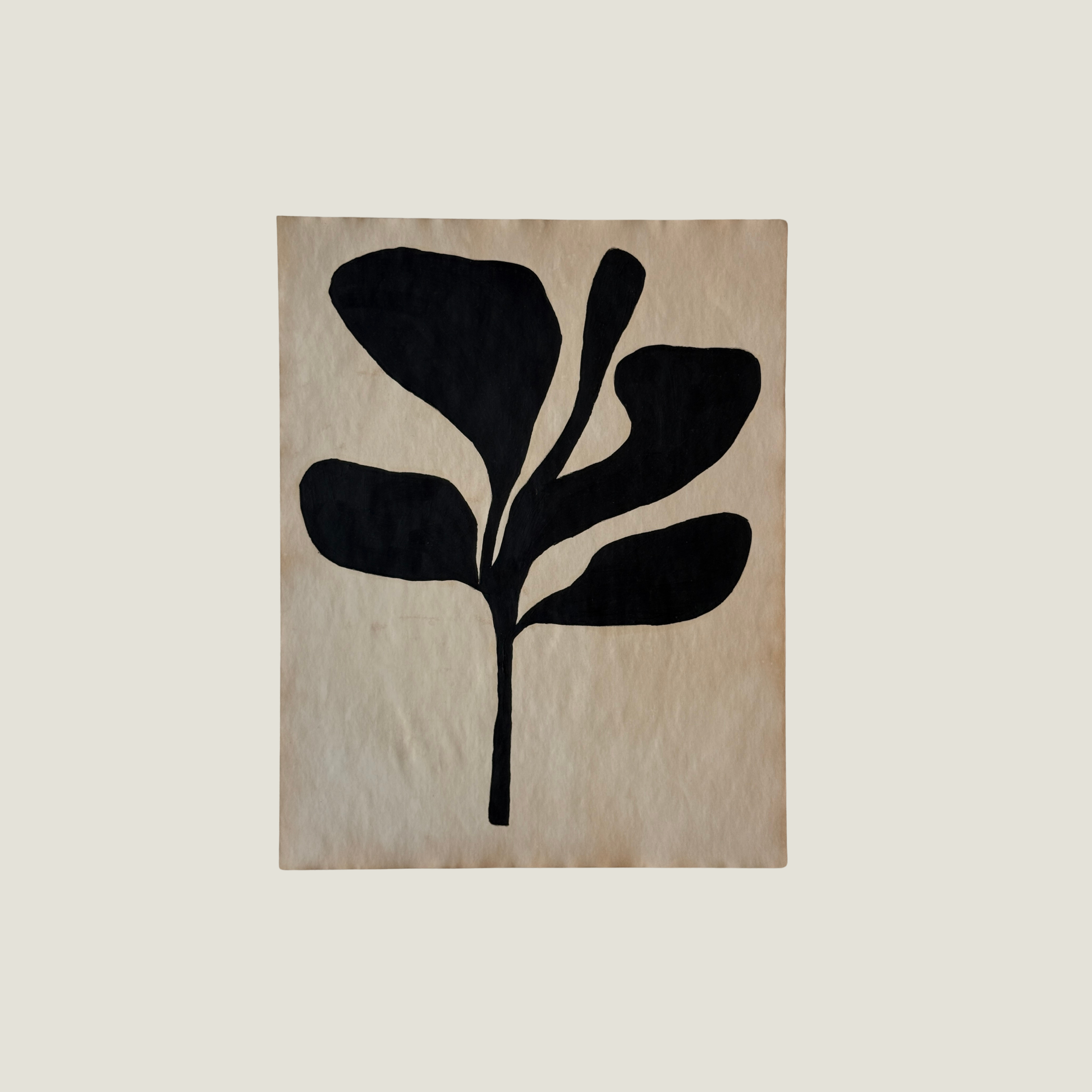 Original Object Series oil painting on vintage-style paper featuring a bold black organic form with two rounded shapes, inspired by forgotten objects and natural forms.