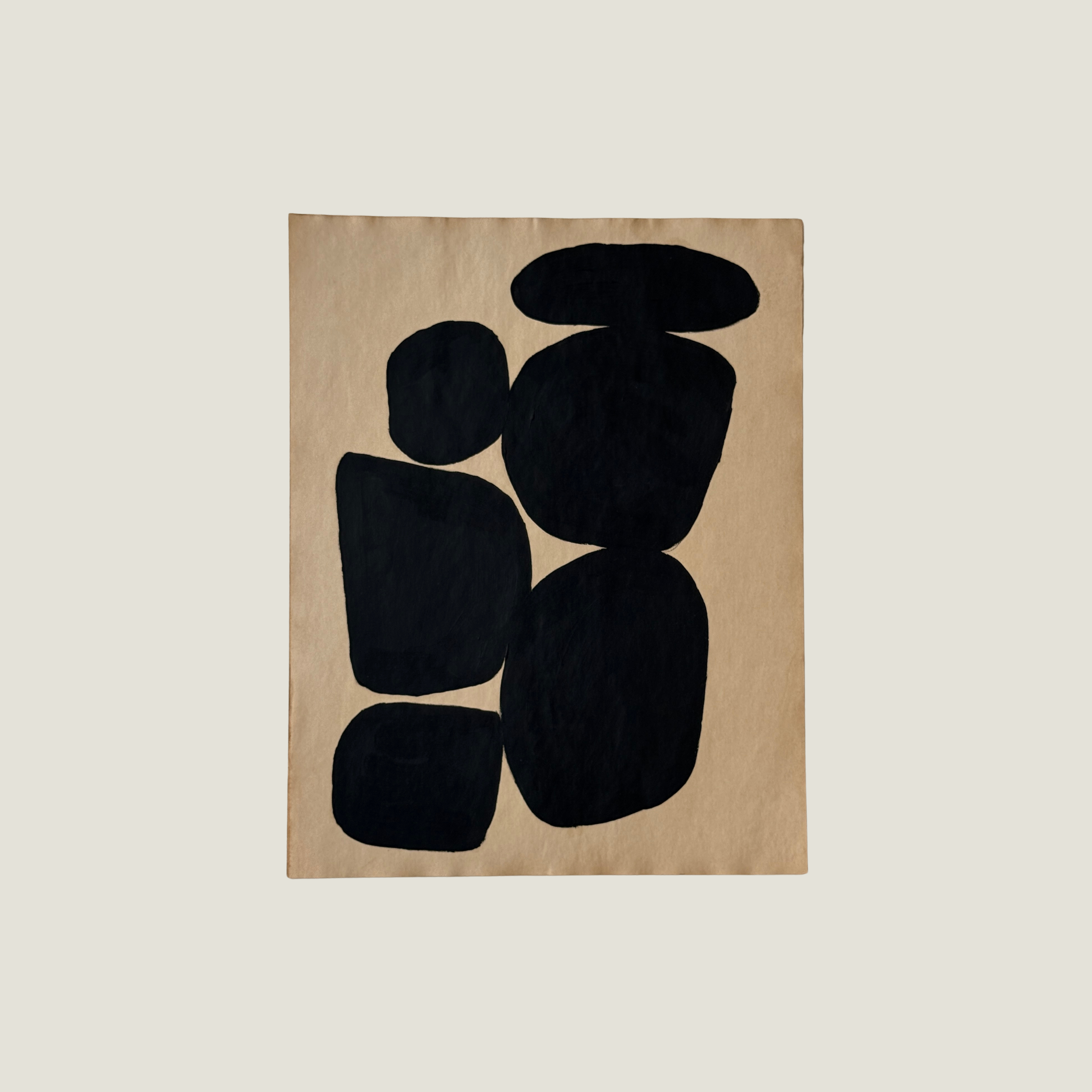 Original Object Series oil painting on vintage-style paper featuring a bold black organic form with two rounded shapes, inspired by forgotten objects and natural forms.