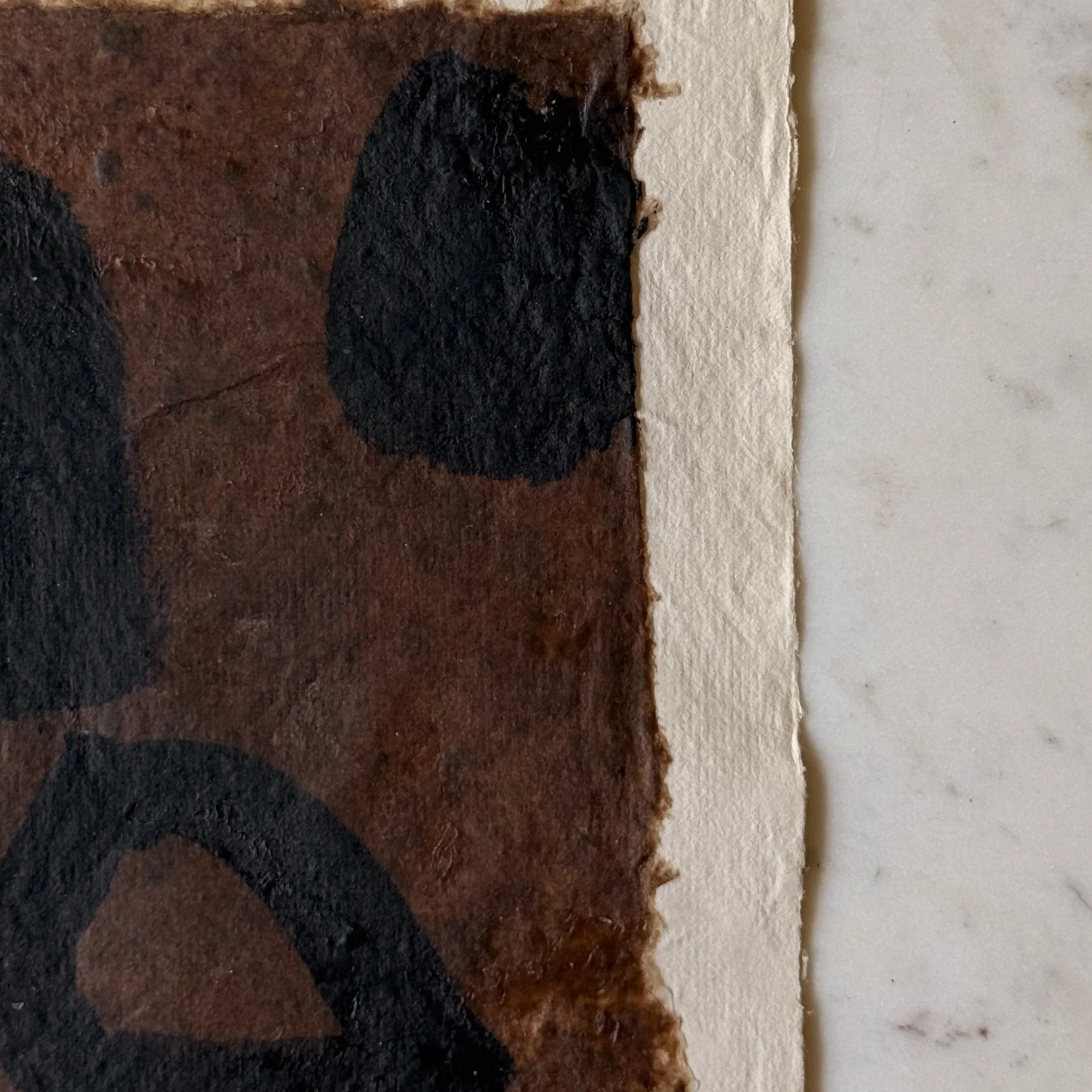 Original abstract paper collage featuring handmade paper, warm ochre fibers, layered neutral textures, and minimalist mixed media composition by Addison Ryan.