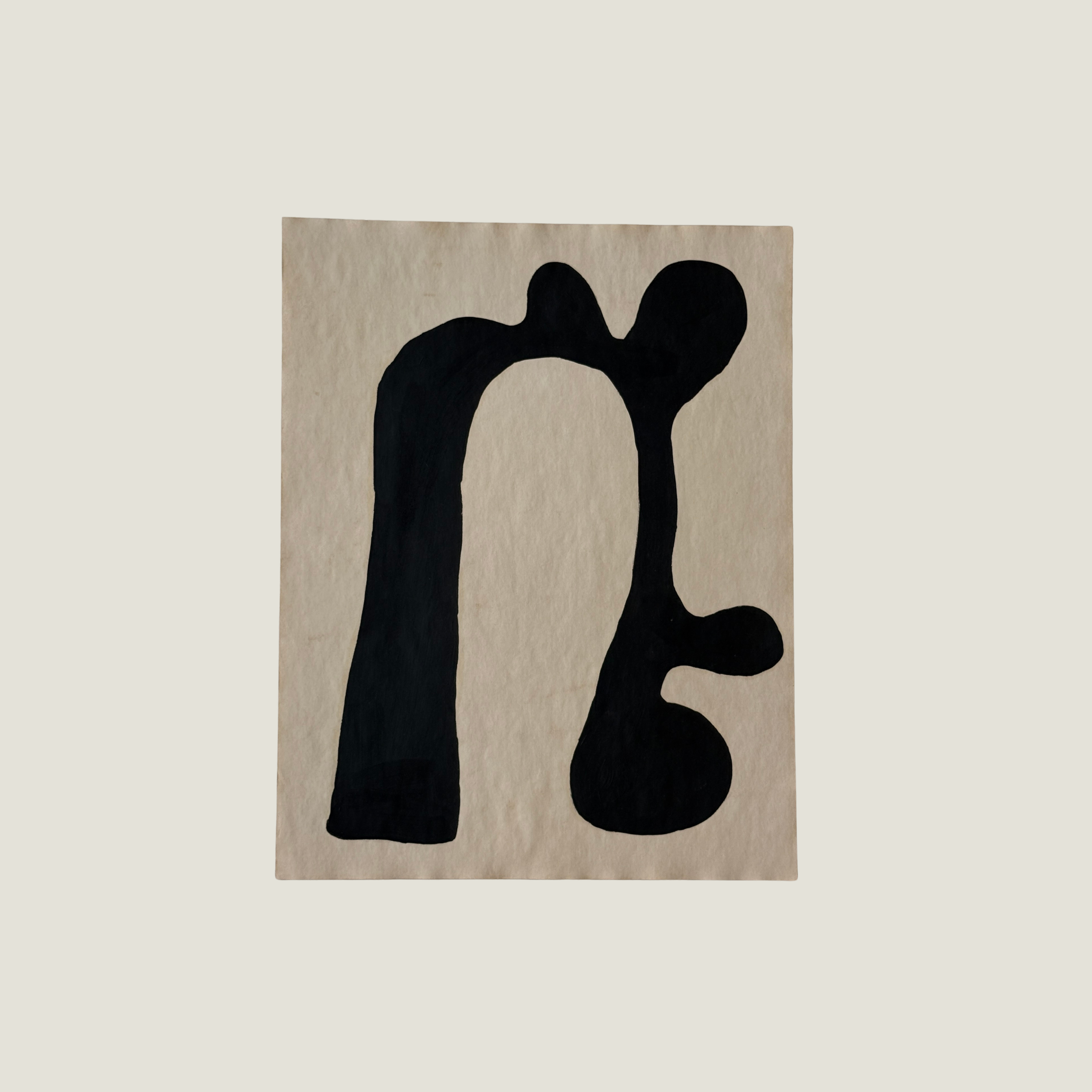 Original Object Series oil painting on vintage-style paper featuring a bold black organic form with two rounded shapes, inspired by forgotten objects and natural forms.