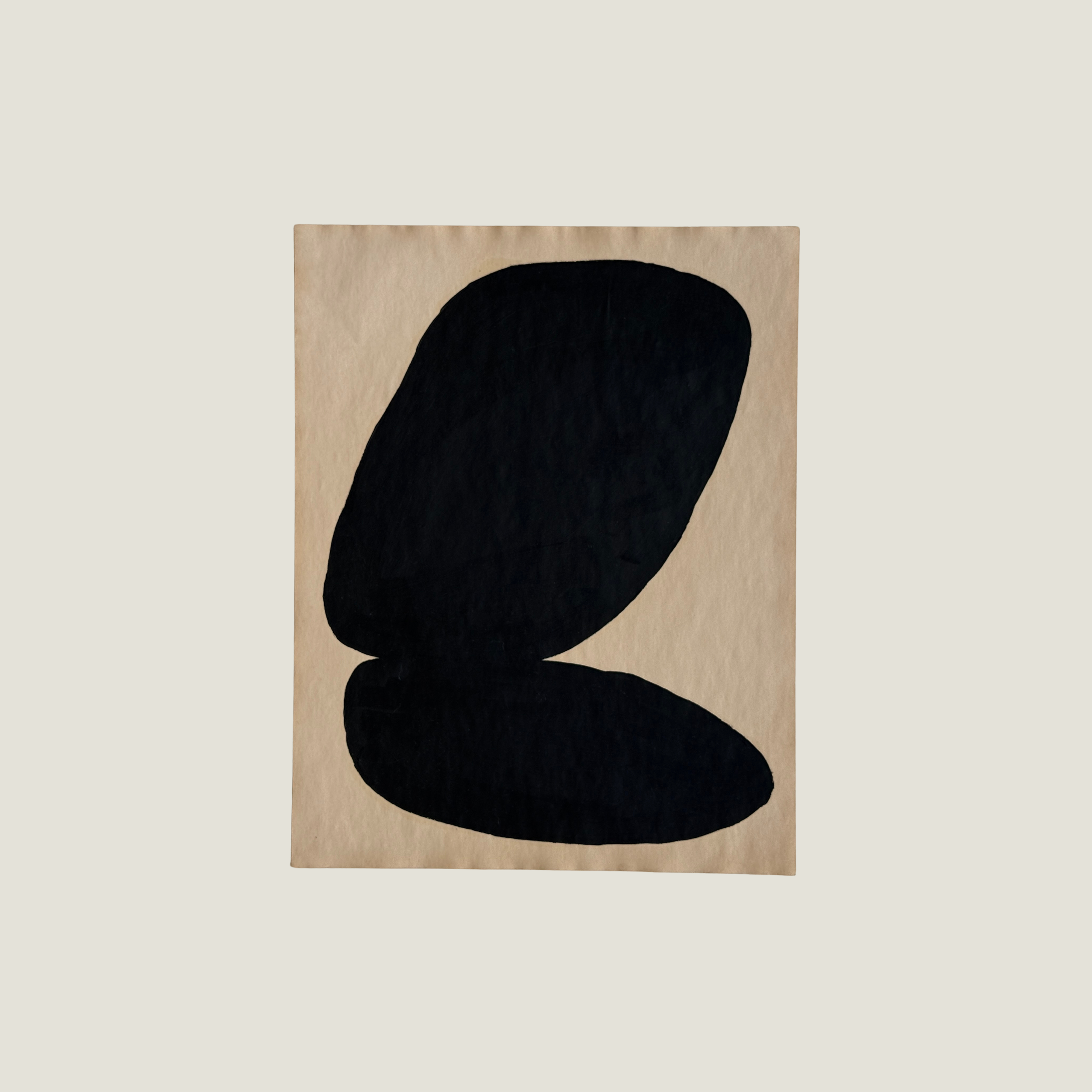 Original Object Series oil painting on vintage-style paper featuring a bold black organic form with two rounded shapes, inspired by forgotten objects and natural forms.