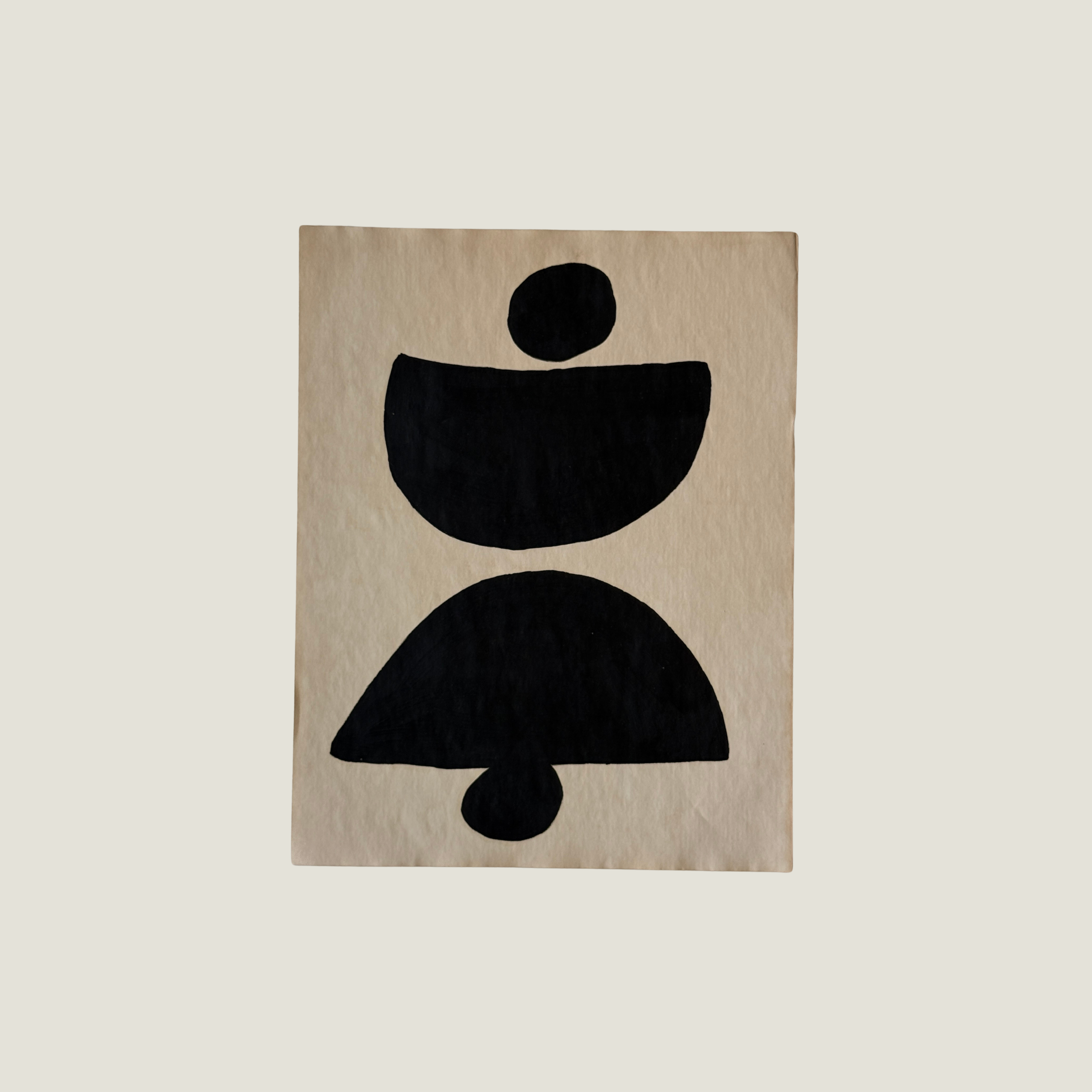 Original Object Series oil painting on vintage-style paper featuring a bold black organic form with two rounded shapes, inspired by forgotten objects and natural forms.
