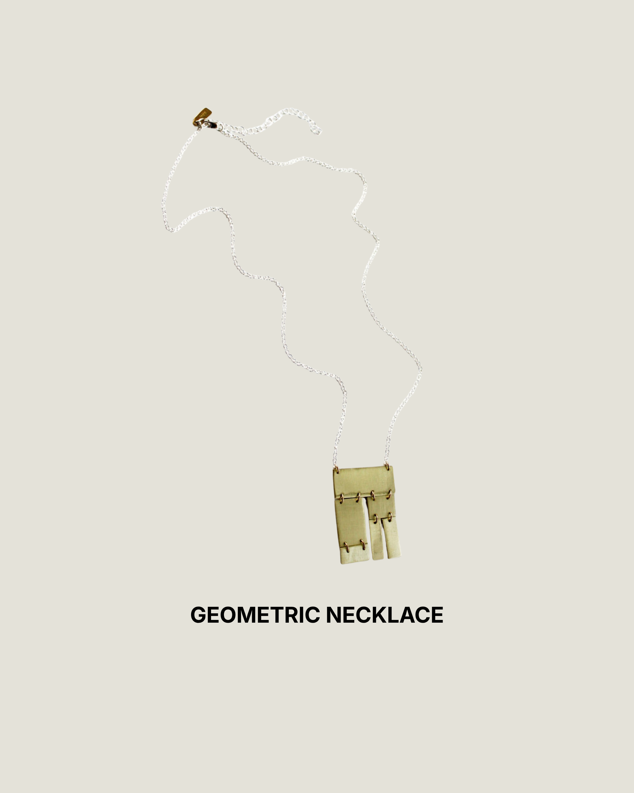 Brass geometric collage pendant necklace on a sterling silver chain