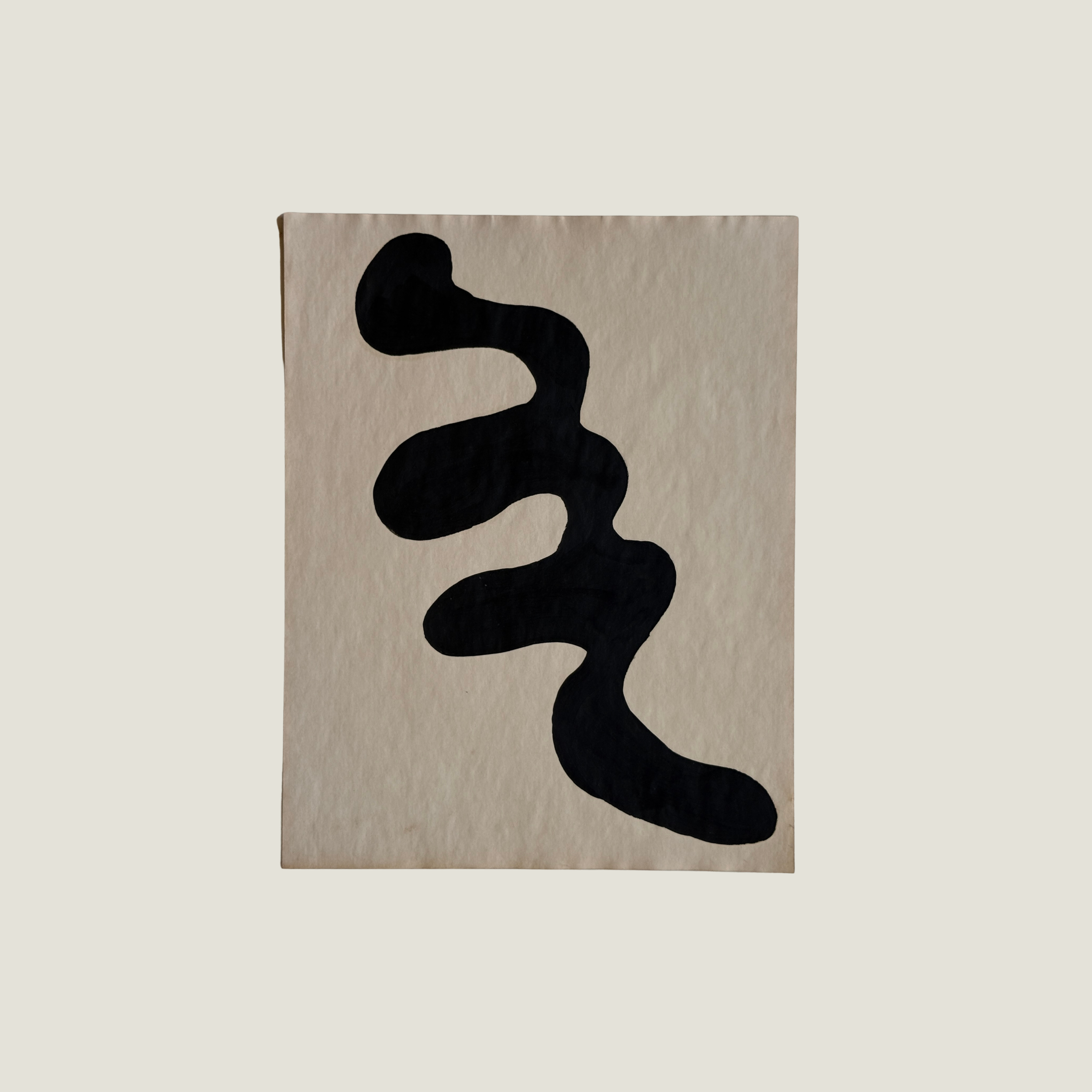 Original Object Series oil painting on vintage-style paper featuring a bold black organic form with two rounded shapes, inspired by forgotten objects and natural forms.