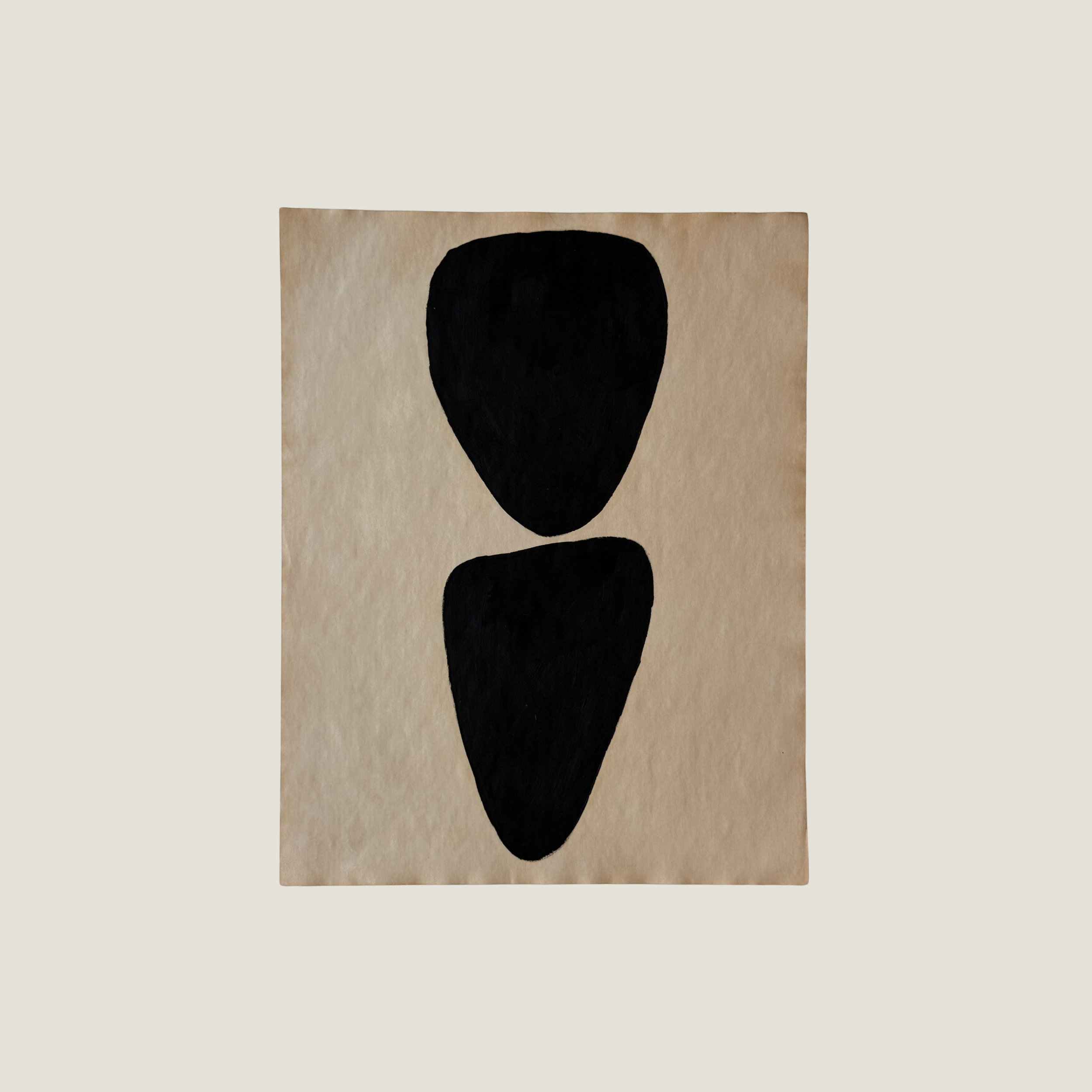 Original Object Series oil painting on vintage-style paper featuring a bold black organic form with two rounded shapes, inspired by forgotten objects and natural forms.