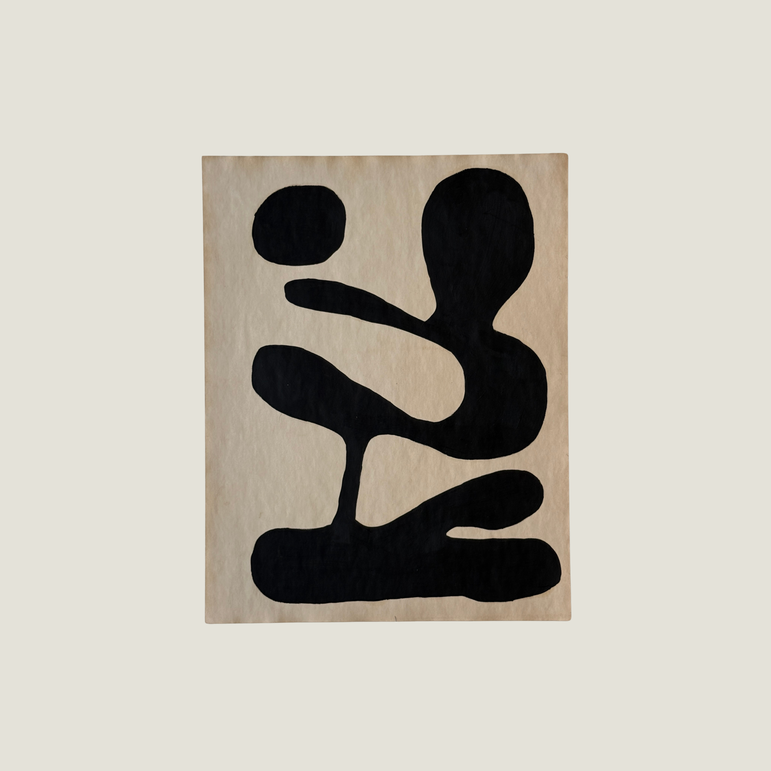 Original Object Series oil painting on vintage-style paper featuring a bold black organic form with two rounded shapes, inspired by forgotten objects and natural forms.